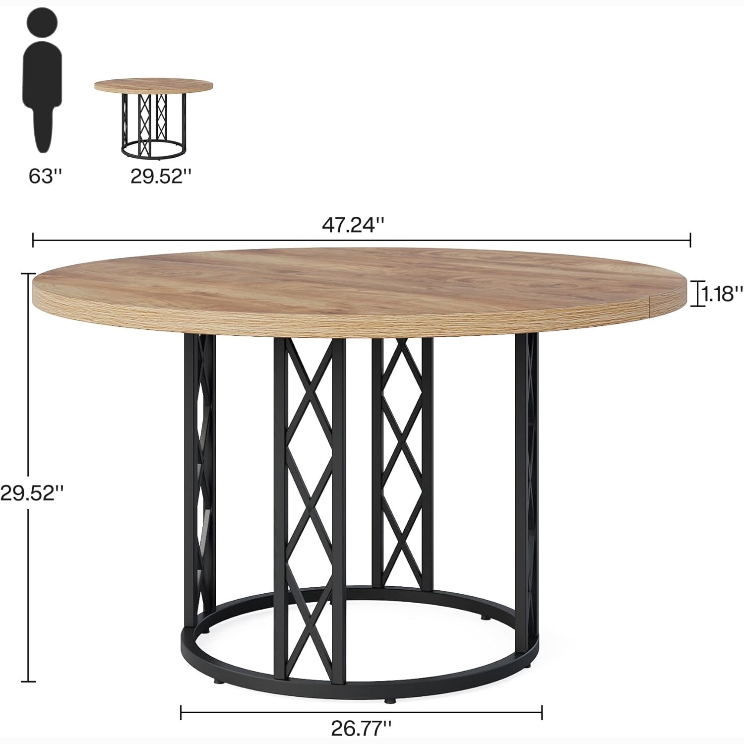 47" Round Dining Table - Rustic Wood Top & Metal Base for 4 People