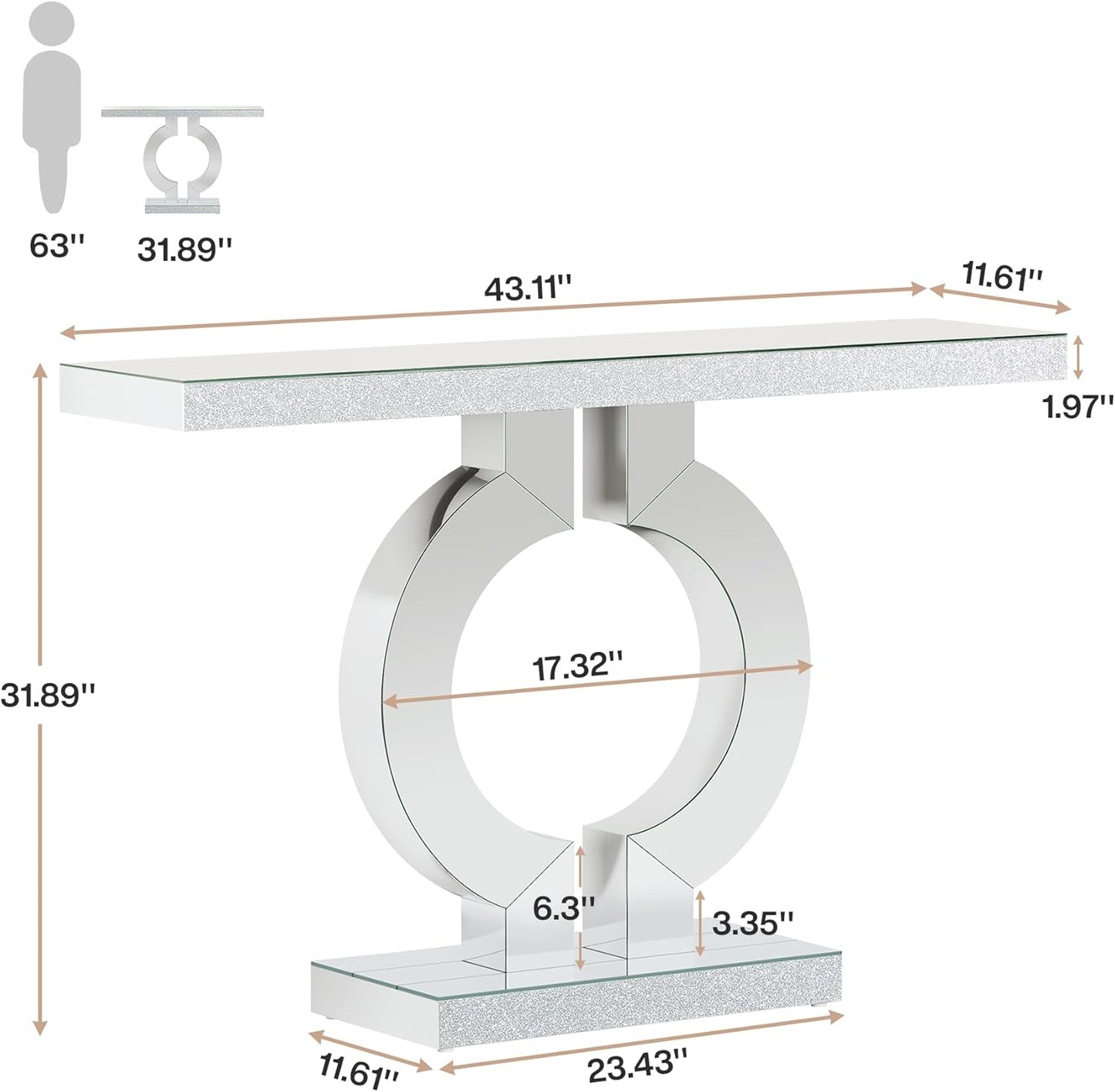 43" Mirrored Console Table, Modern Silver Sofa Table with O-Shaped Base