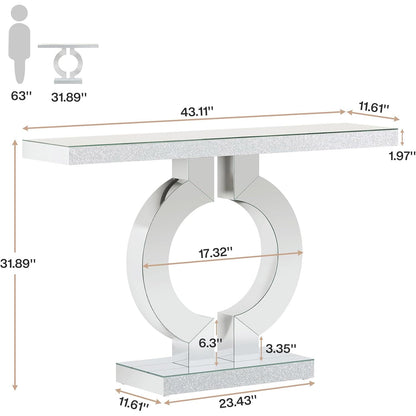 43" Mirrored Console Table, Modern Silver Sofa Table with O-Shaped Base