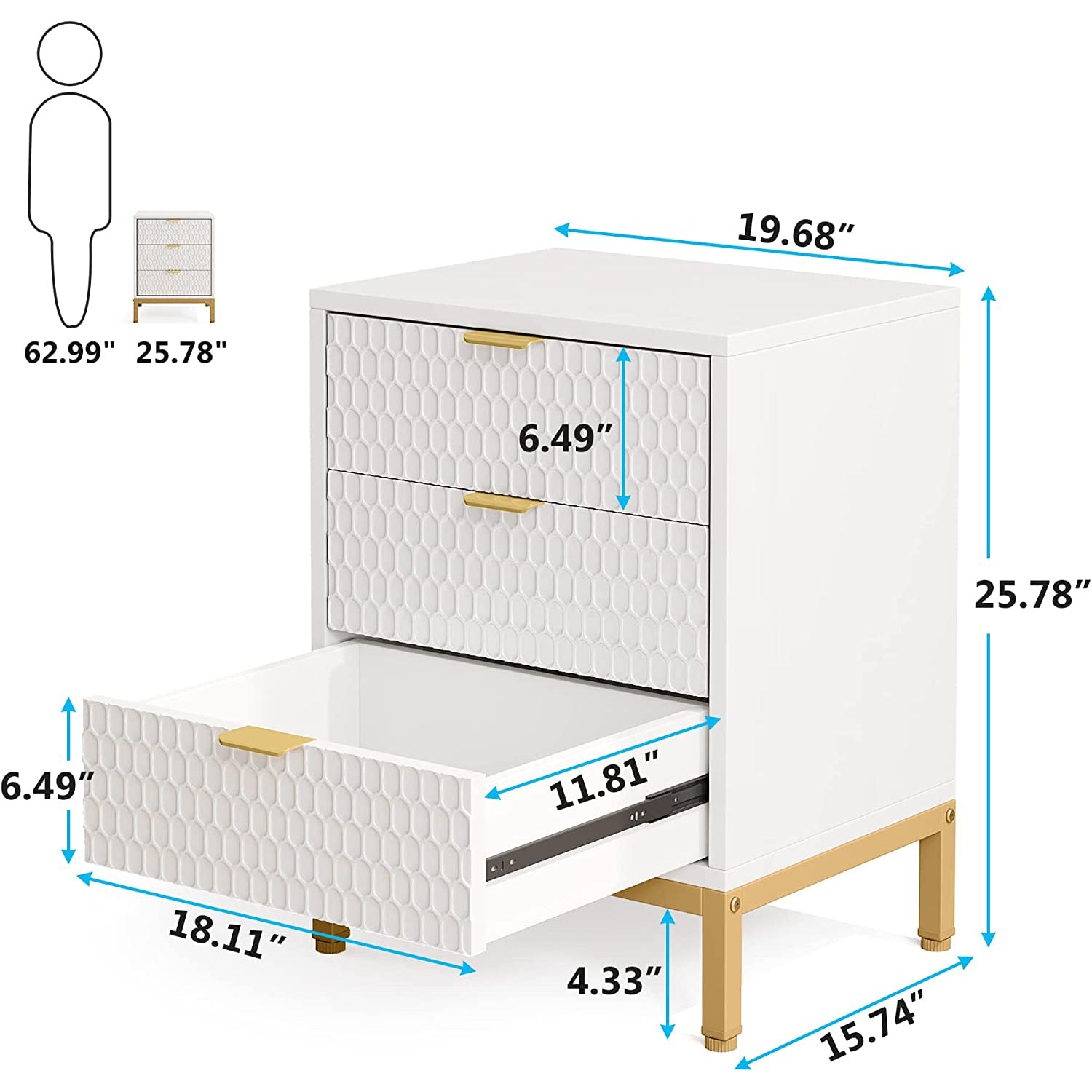 Modern Nightstand, 25.8" Tall Bedside Table with 3 Drawers