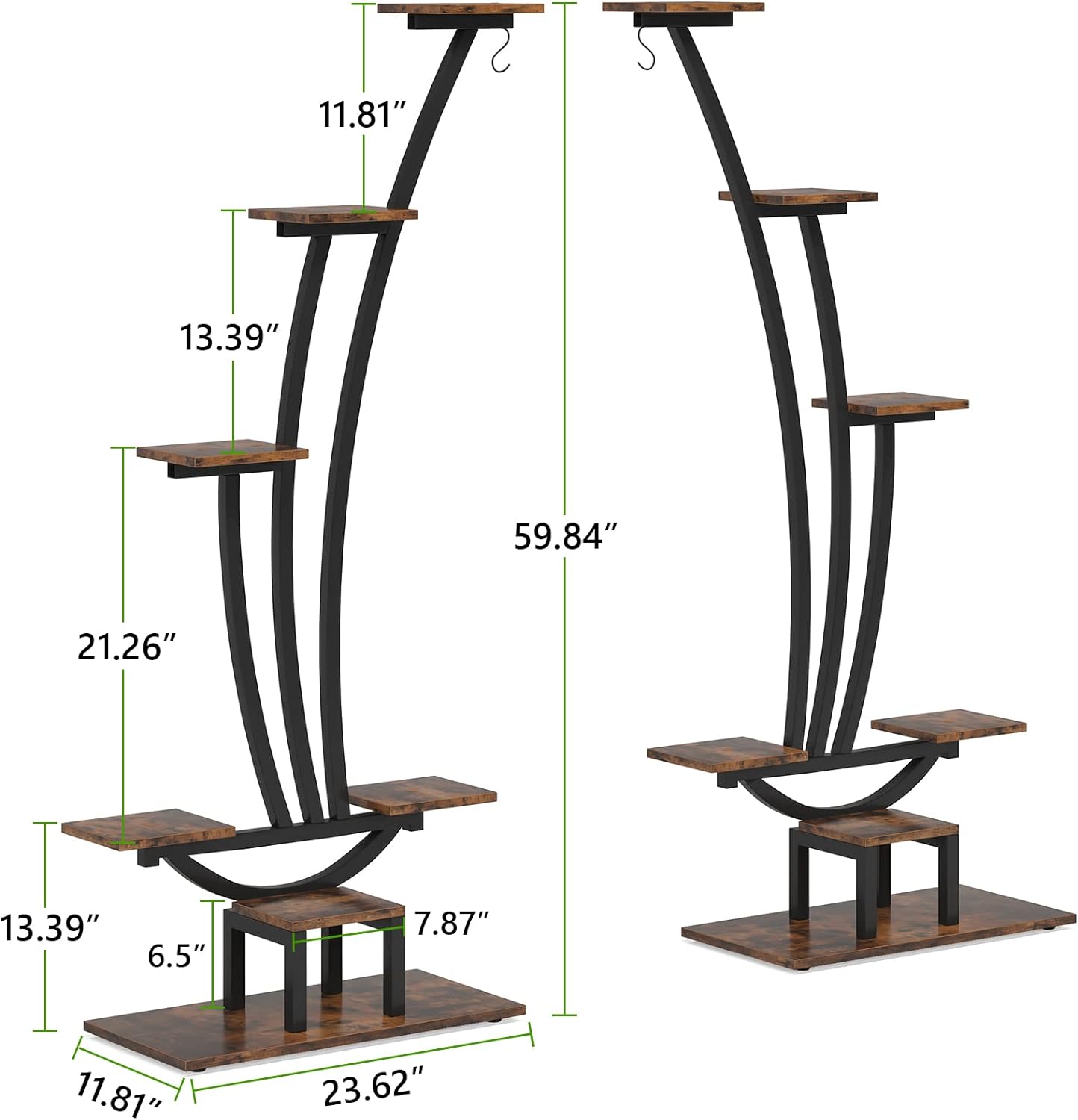 Set of 2 Plant Stands with 6-Tier Curved Display Shelves and 2 Hanging Hooks