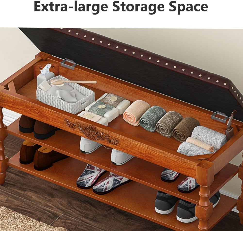 39-Inch Solid Wood Storage Bench with Lift-Top, Entryway Shoe Bench and Organizer with Hidden Compartment
