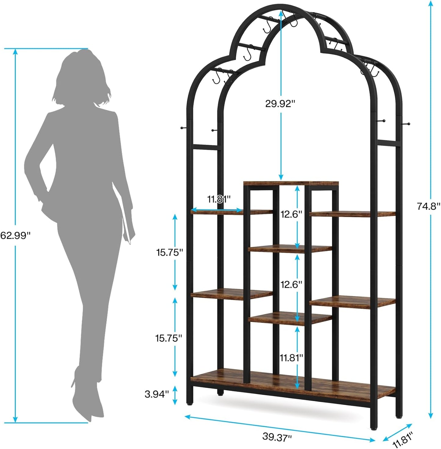 74.8" Arch Plant Stand, 6-Tier Flower Bonsai Shelf with 10 Hanging Hooks