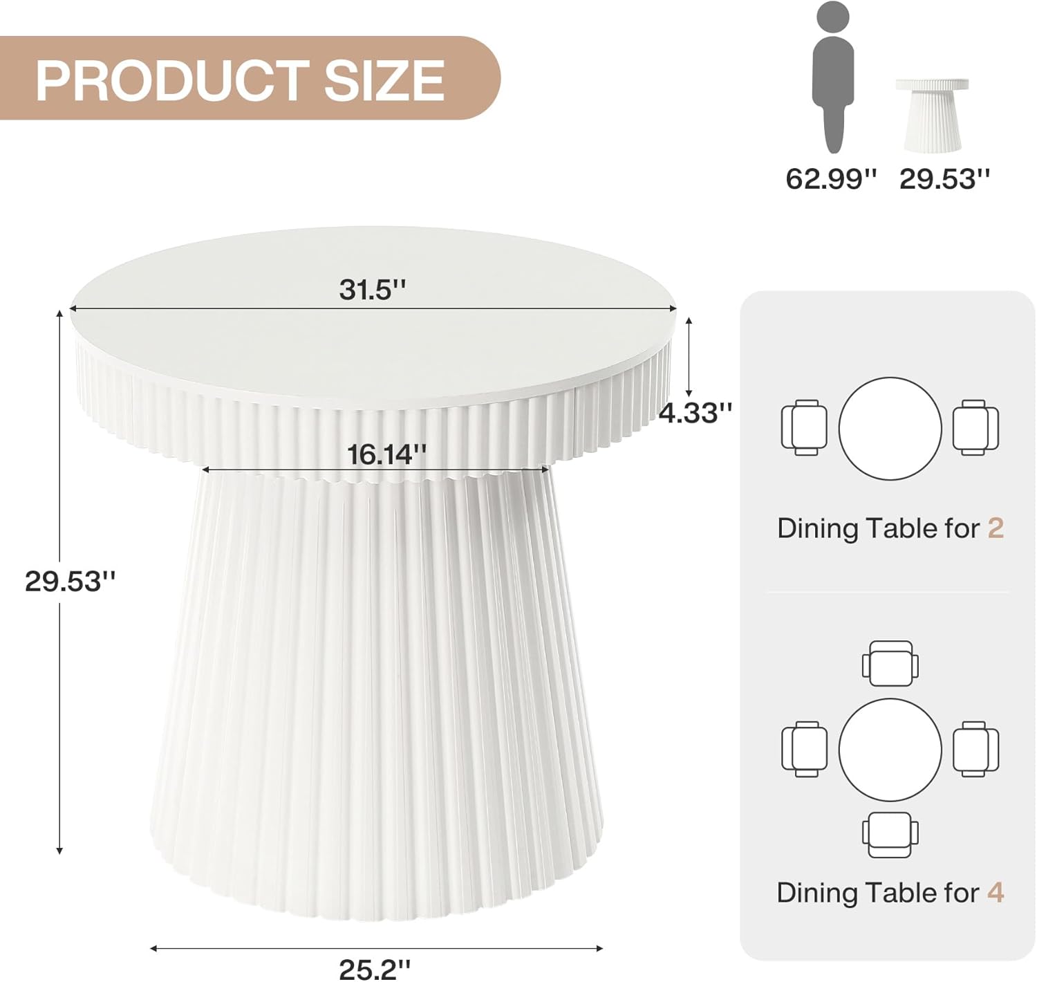 31.5 Inch Round Dining Table for 2-4 People, Modern Kitchen Table with Fluted Pedestal