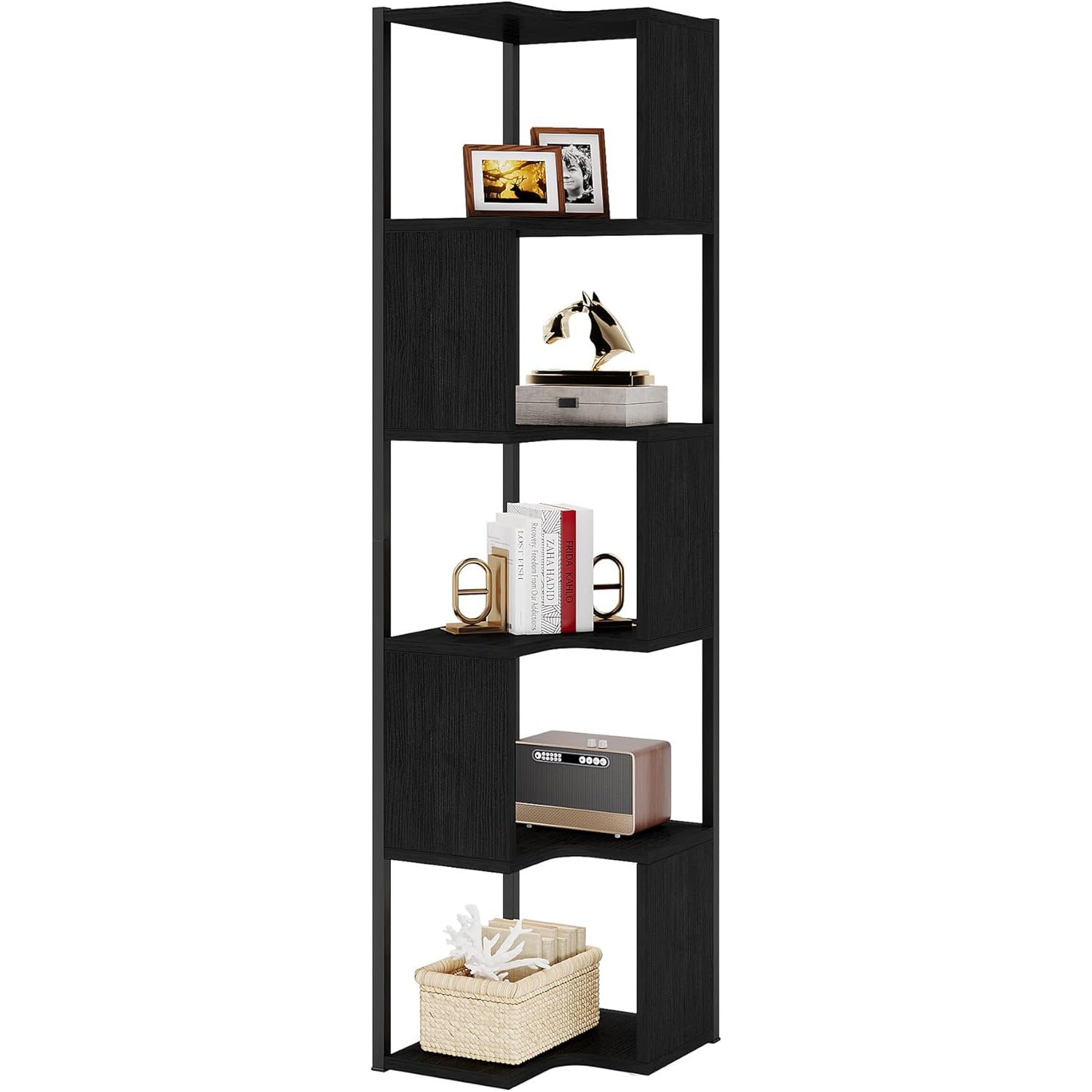 6-Tier Small Corner Bookshelf，Display Rack with Metal Frame