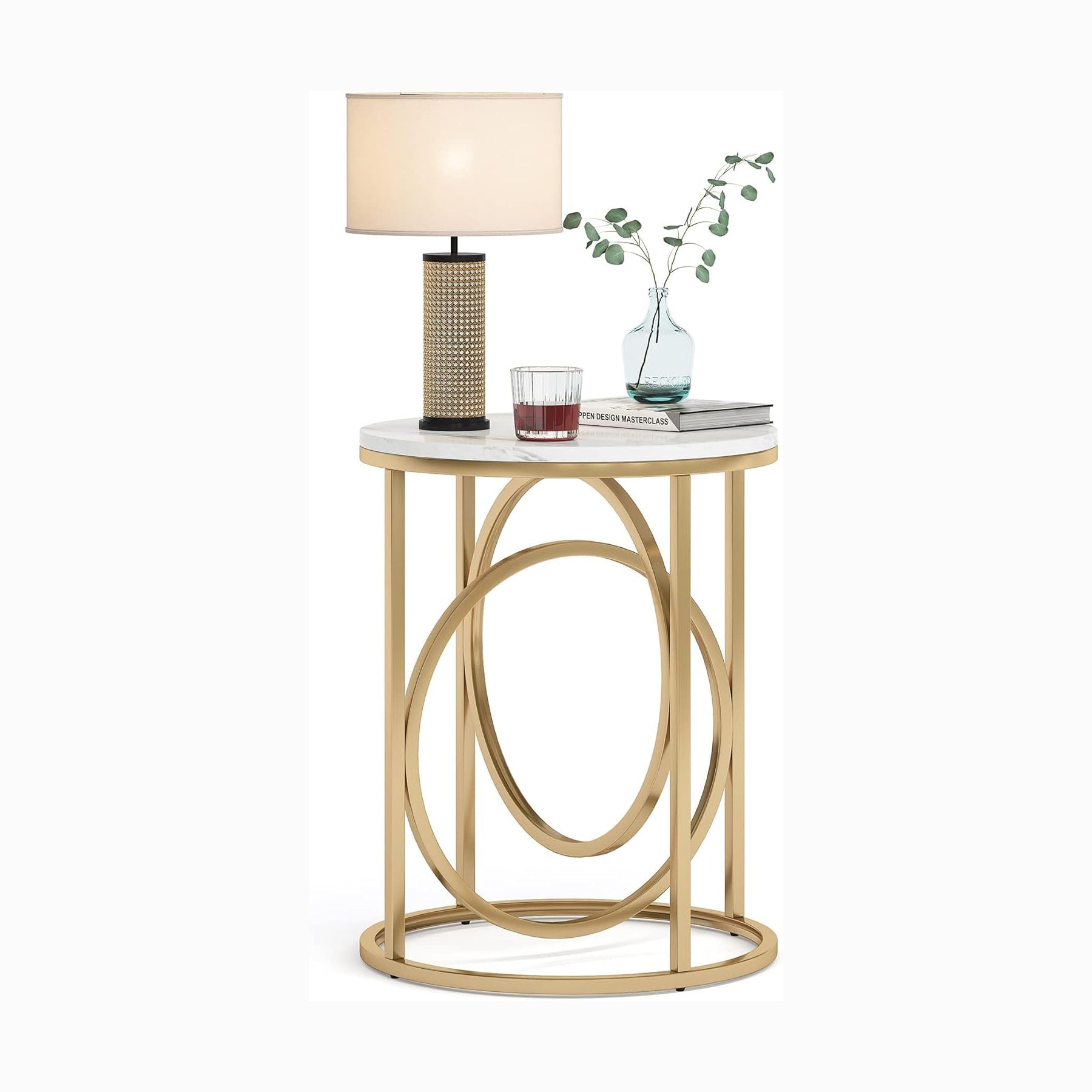 Round End Table, Modern Sofa Side Table with Faux Marble Top