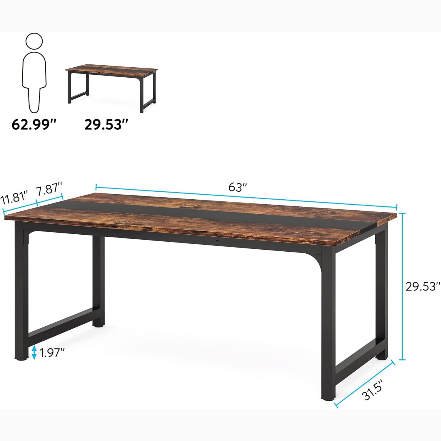Modern Large Desk, 63 x 31.5 Inch Office Writing Workstation in Rustic and Black