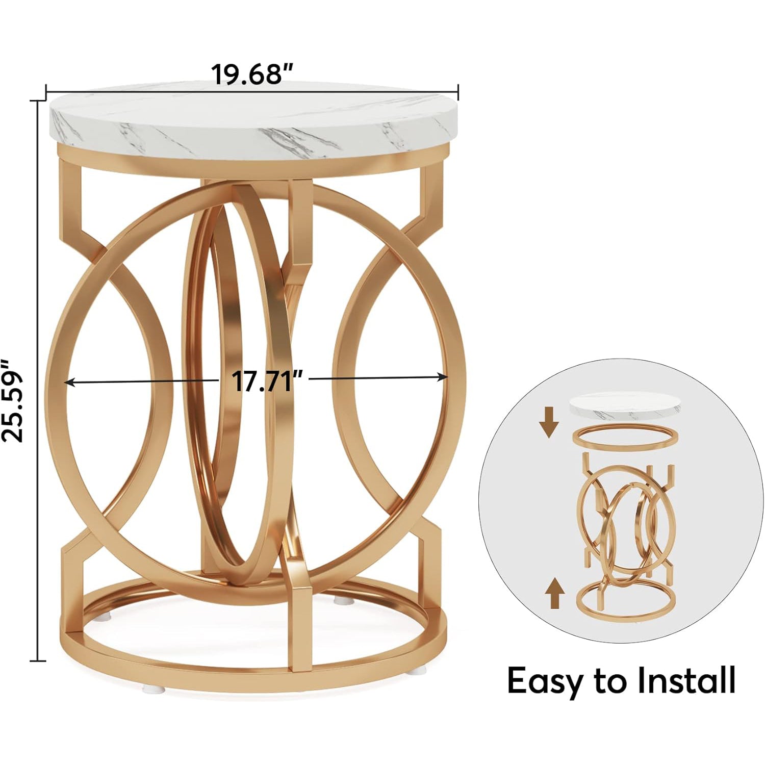 Round End Table, Modern Bedside Table with Faux Marble Top