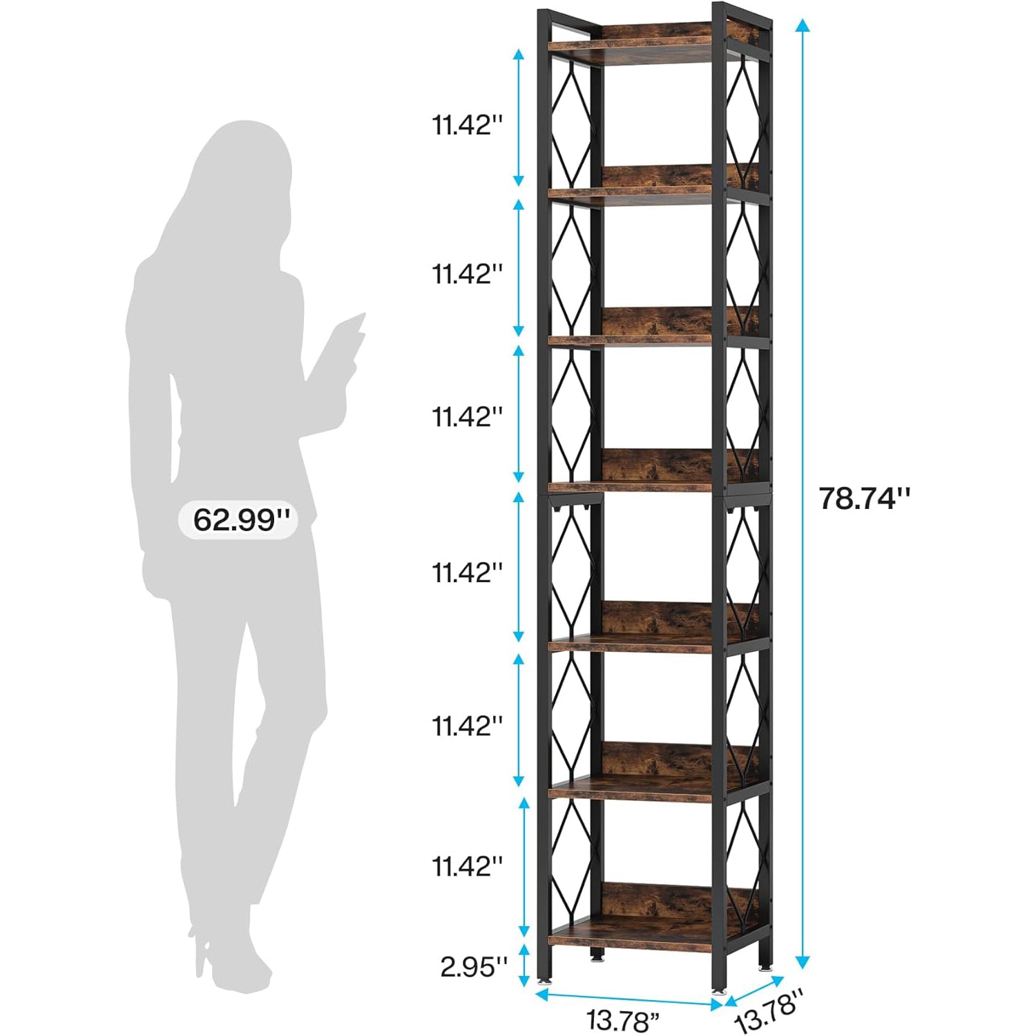 Modern 7-Tier Corner Shelf, 78.7" Tall Narrow Bookcase for Corners