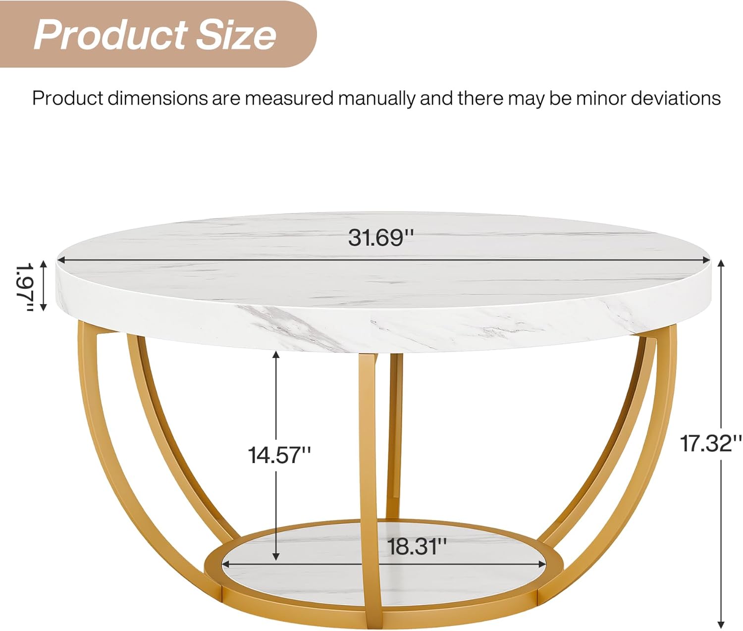 Round Wooden Coffee Table with 2-Tier Shelves