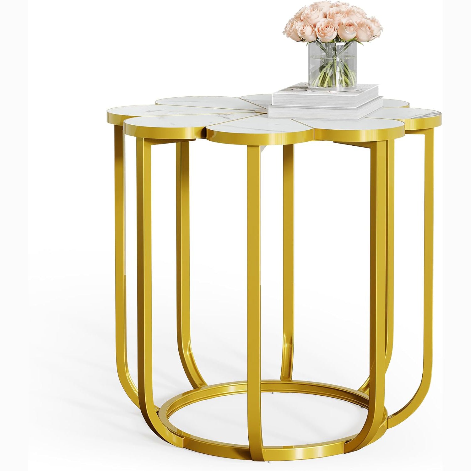 23.6-Inch Flower Side Table, Modern Faux Marble End Table with Gold Metal Frame