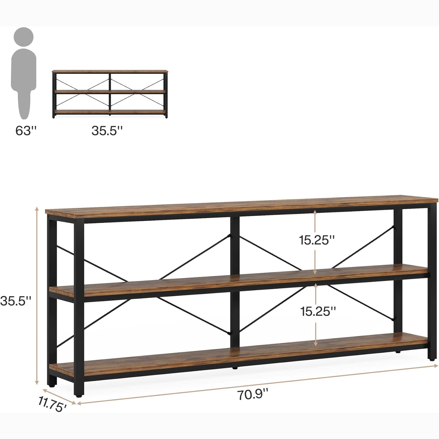 70.9" Console Table, 3-Tier Sofa Table with Metal Frame