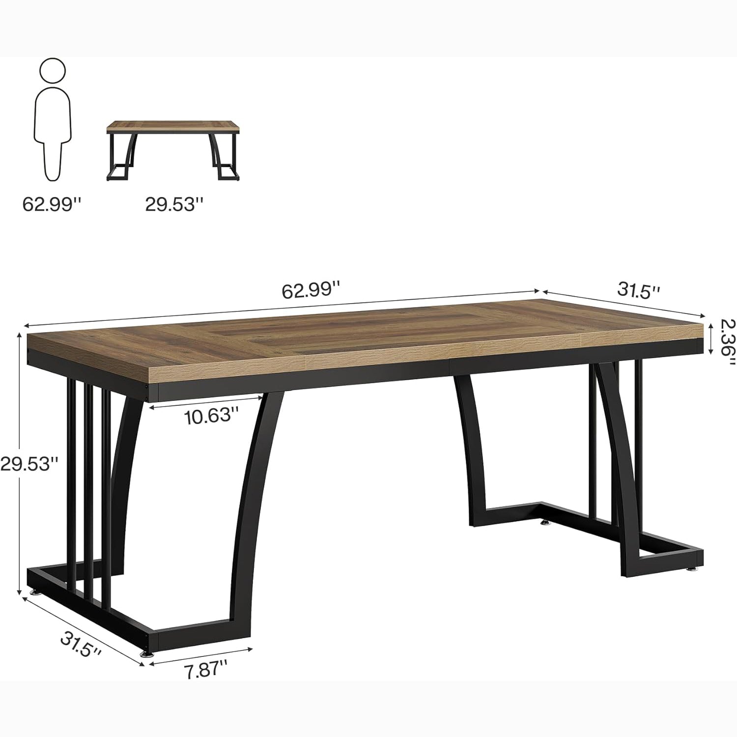 6-Seater Rustic Dining Table, 63" Rectangular Wood Table with Metal Frame for Dining Room