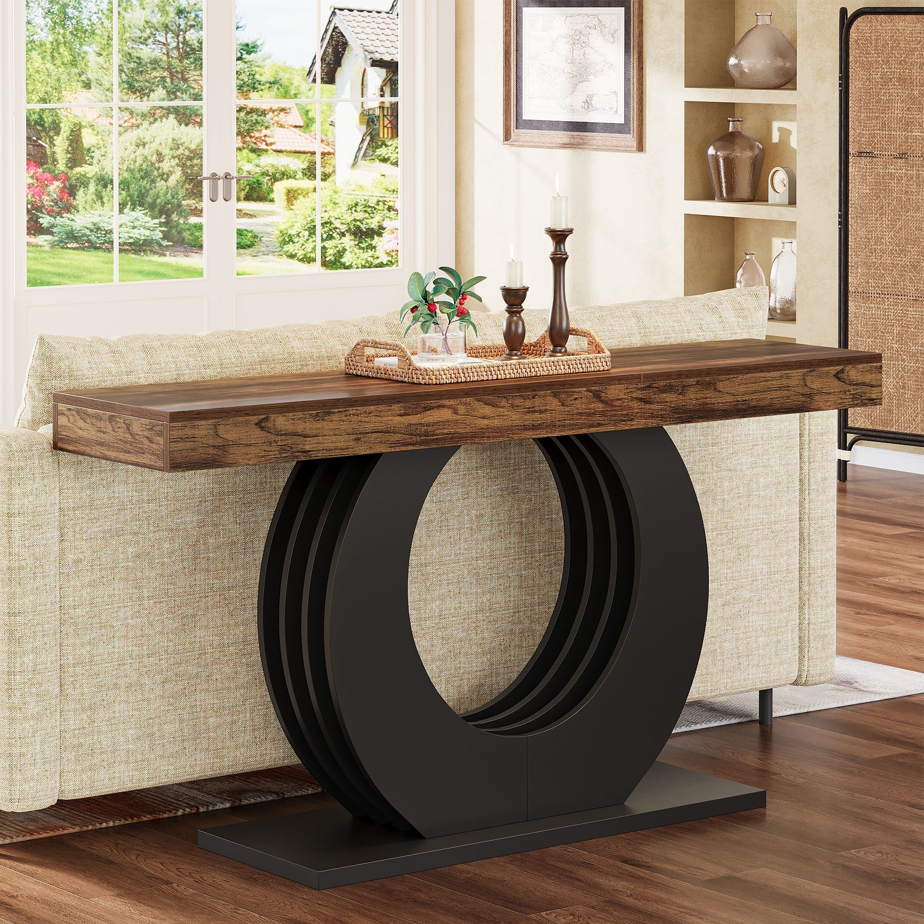 63" Console Table, Rustic Sofa Table Entryway Table with Circle Base Tribesigns