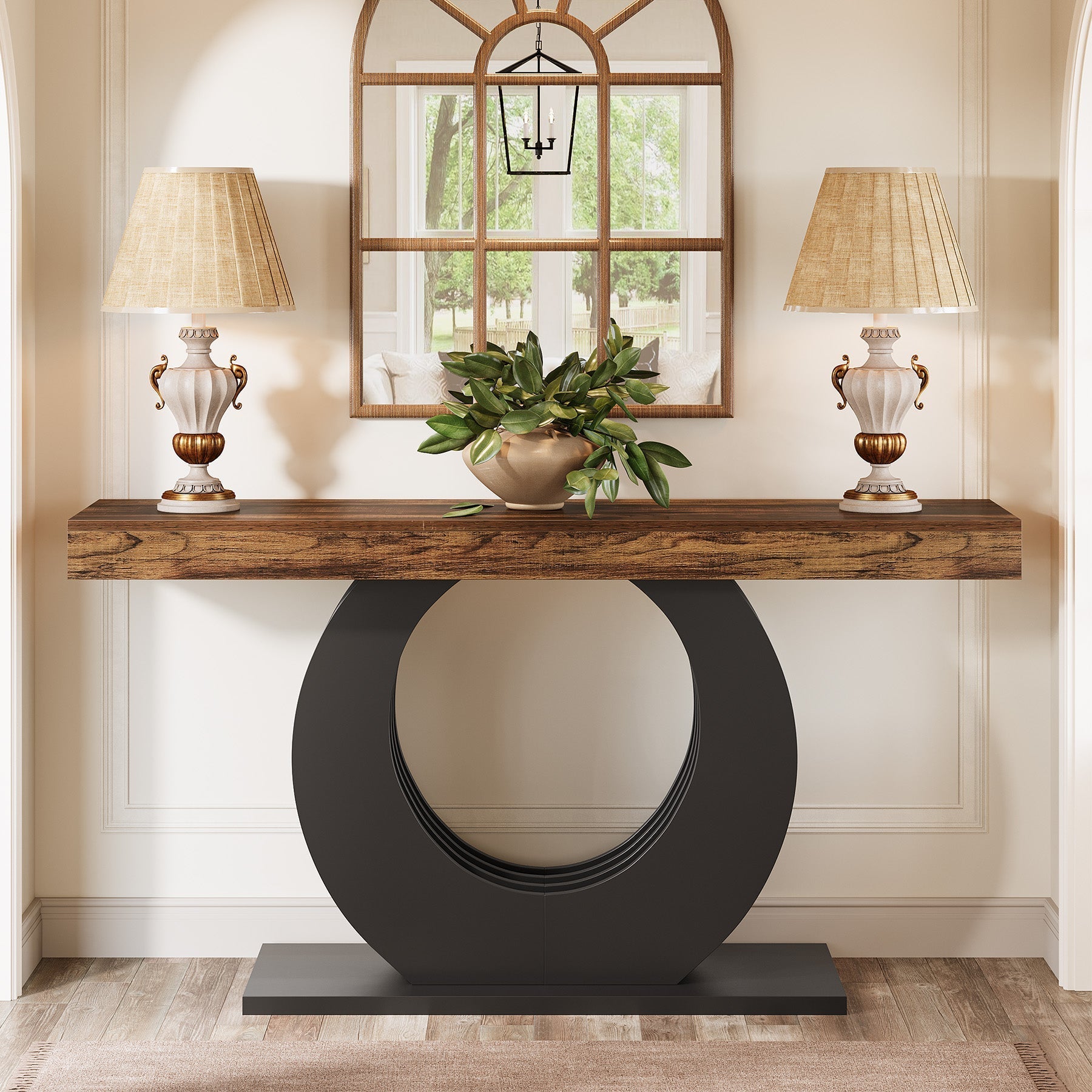 63" Console Table, Rustic Sofa Table Entryway Table with Circle Base Tribesigns