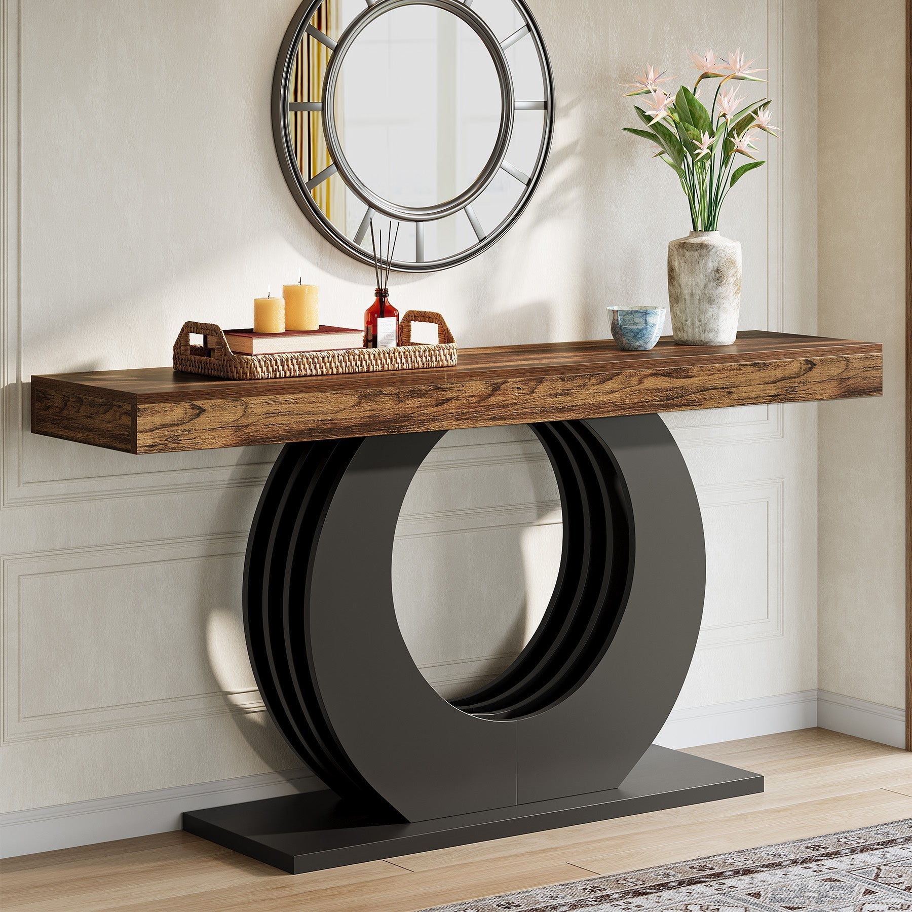 63" Console Table, Rustic Sofa Table Entryway Table with Circle Base Tribesigns