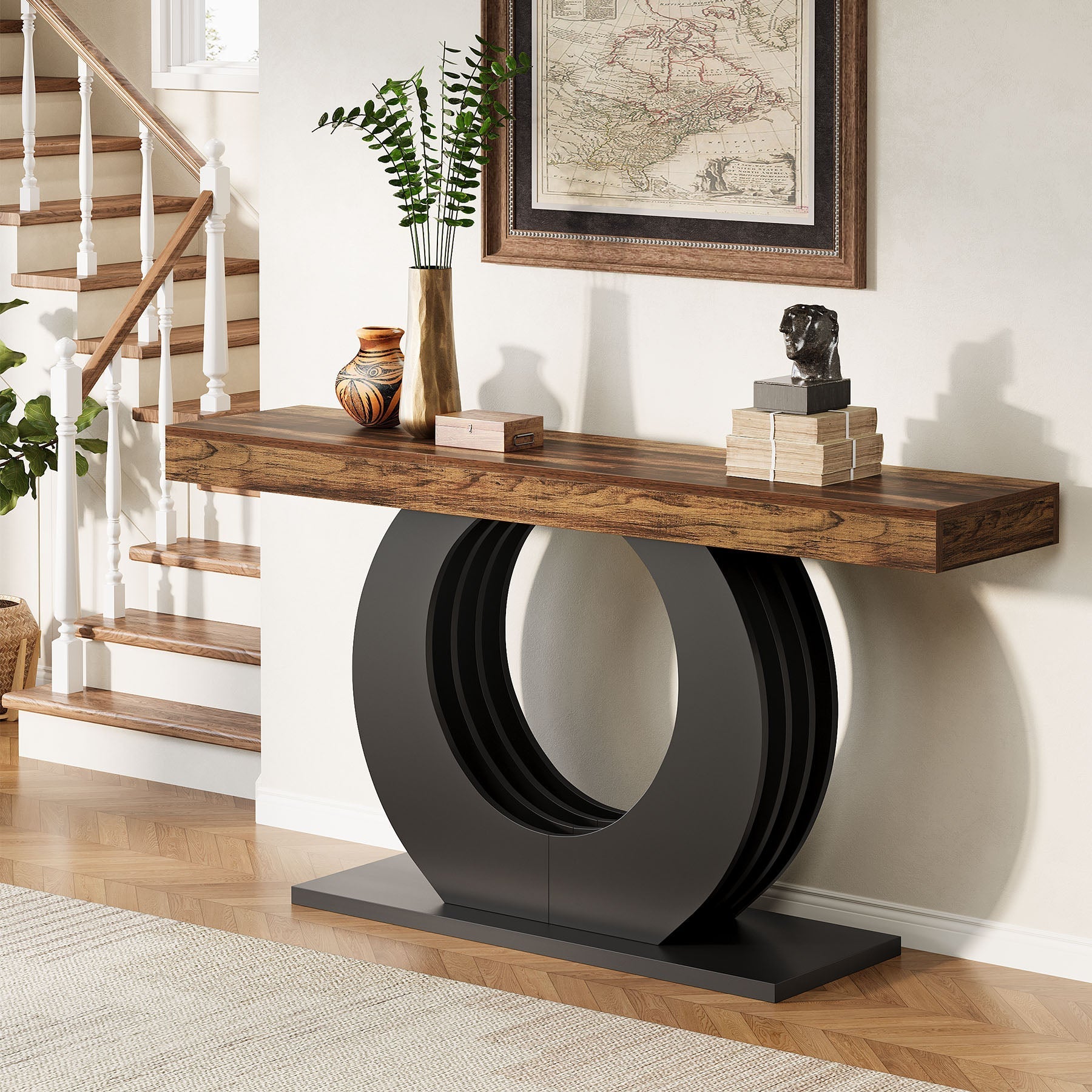 63" Console Table, Rustic Sofa Table Entryway Table with Circle Base Tribesigns