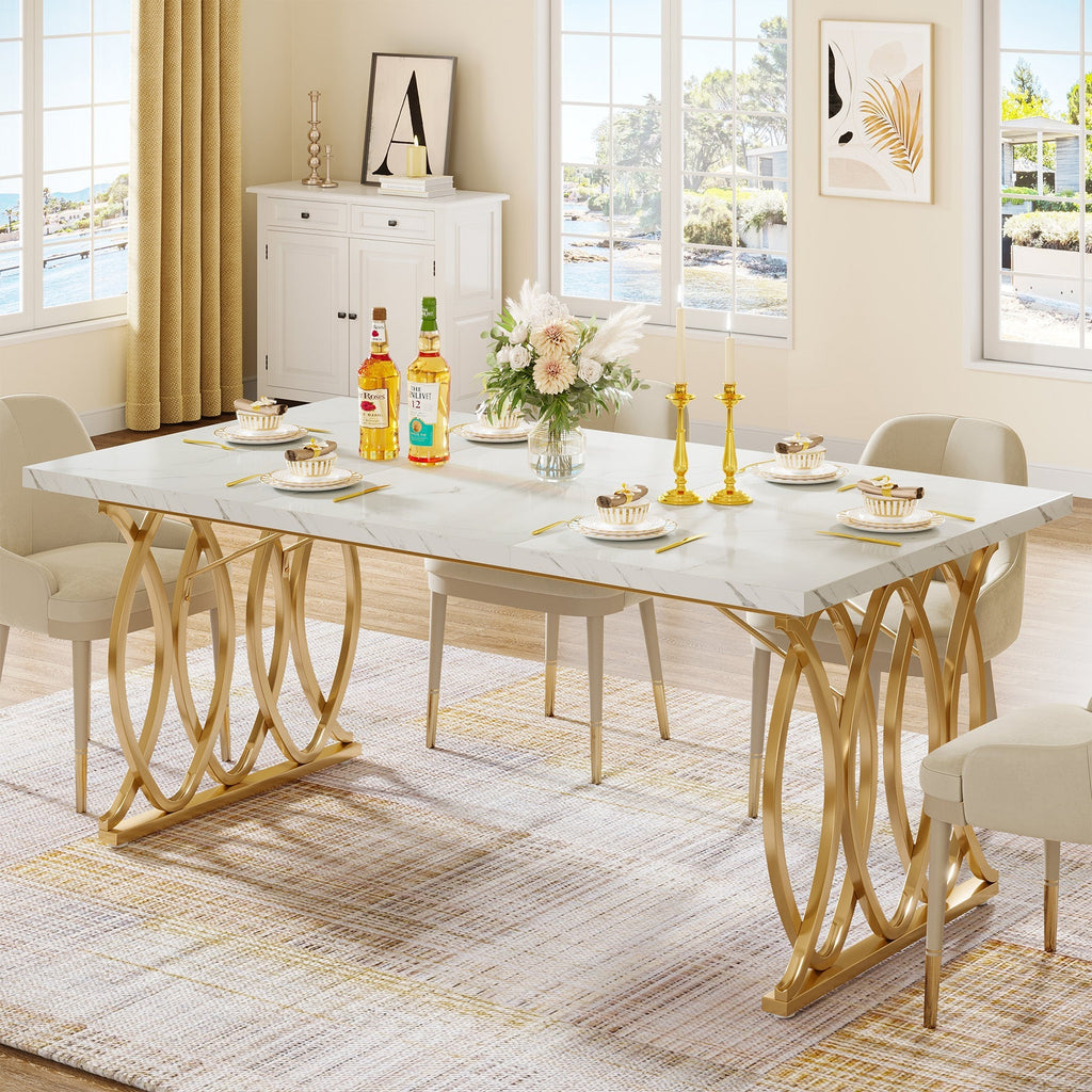 63 inch Modern Dining Table Marble Top Gold Geometric Legs