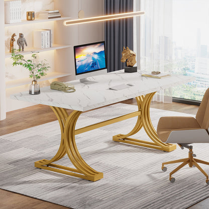 63'' Modern Executive Computer Desk with Faux Marble Tabletop Tribesigns