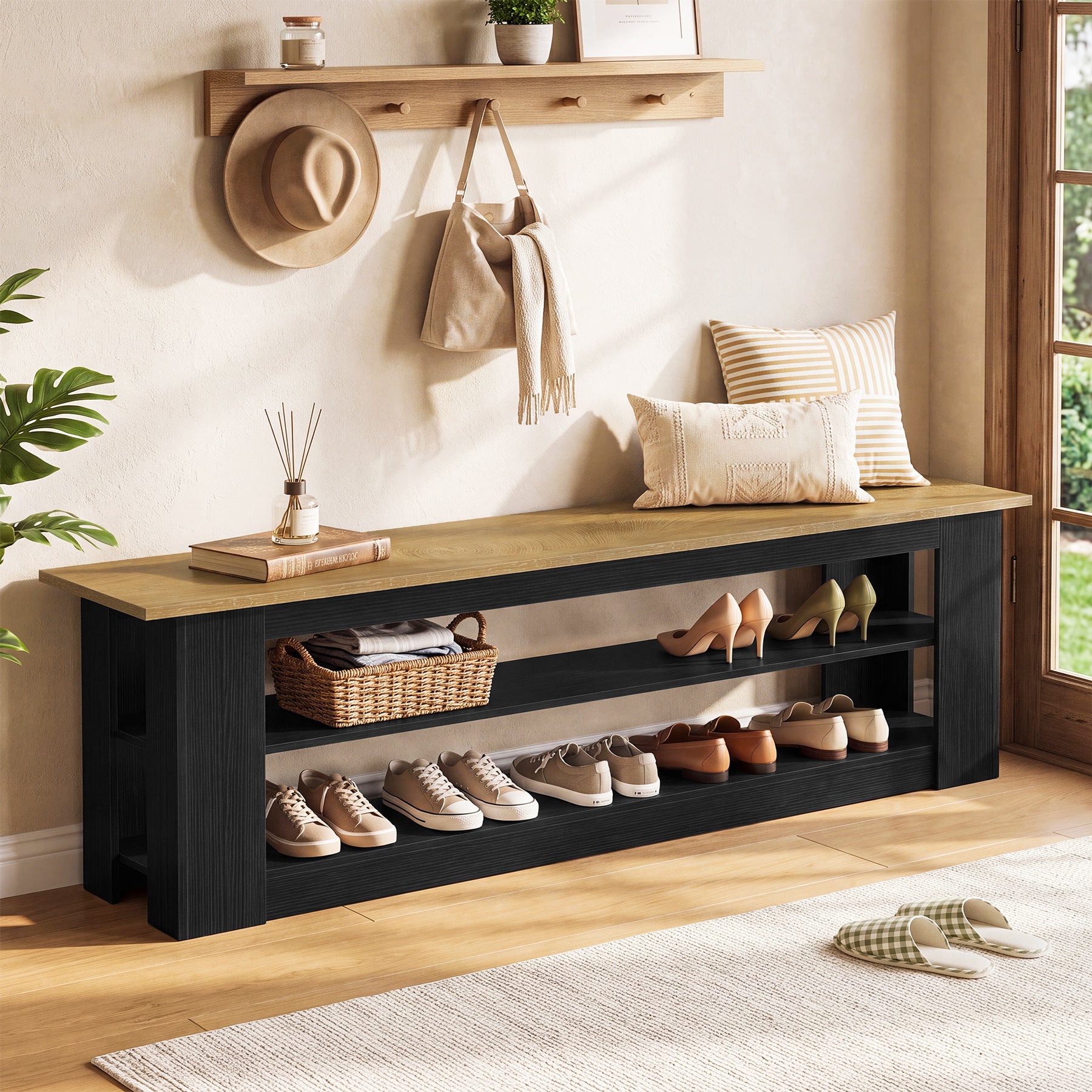 71-Inch Extra Long Shoe Storage Bench with 3-Tier Shelving, Farmhouse Entryway Seating