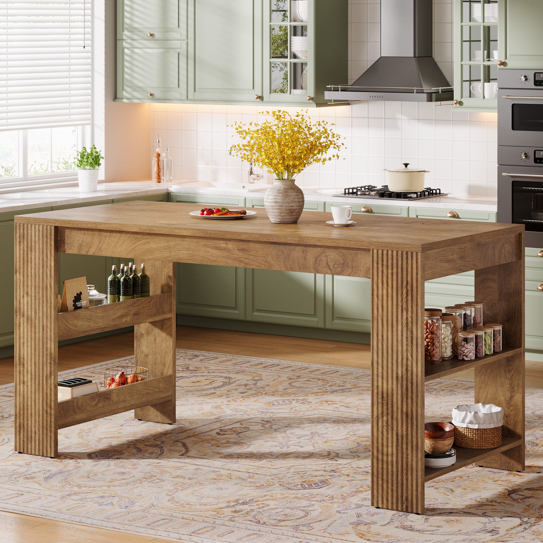 Tribesigns 63 Inch Farmhouse Kitchen Island with Double-Sided Storage Shelves