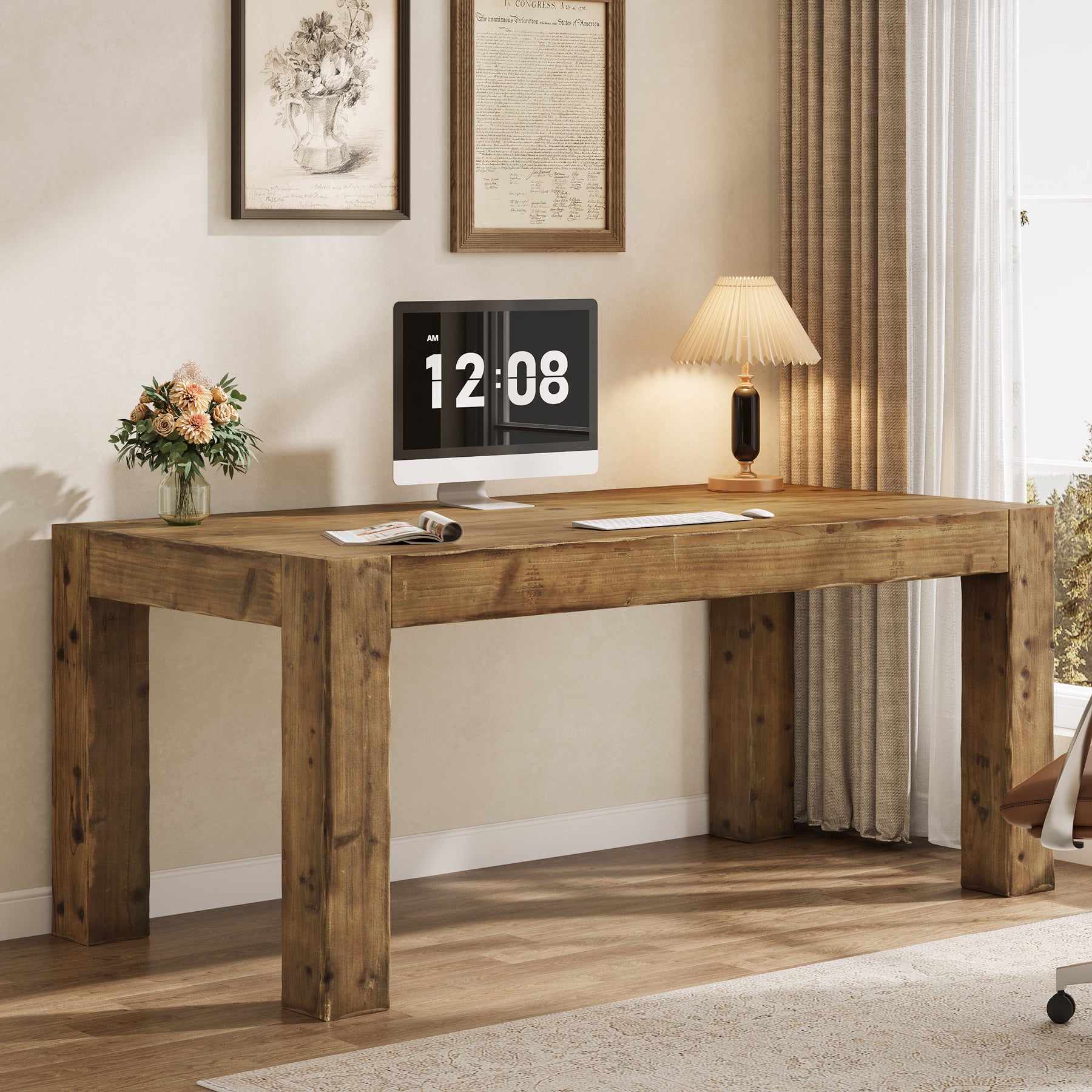 Tribesigns 63" Solid Wood Executive Desk, Rustic Computer Desk for Home Office (Only Table)
