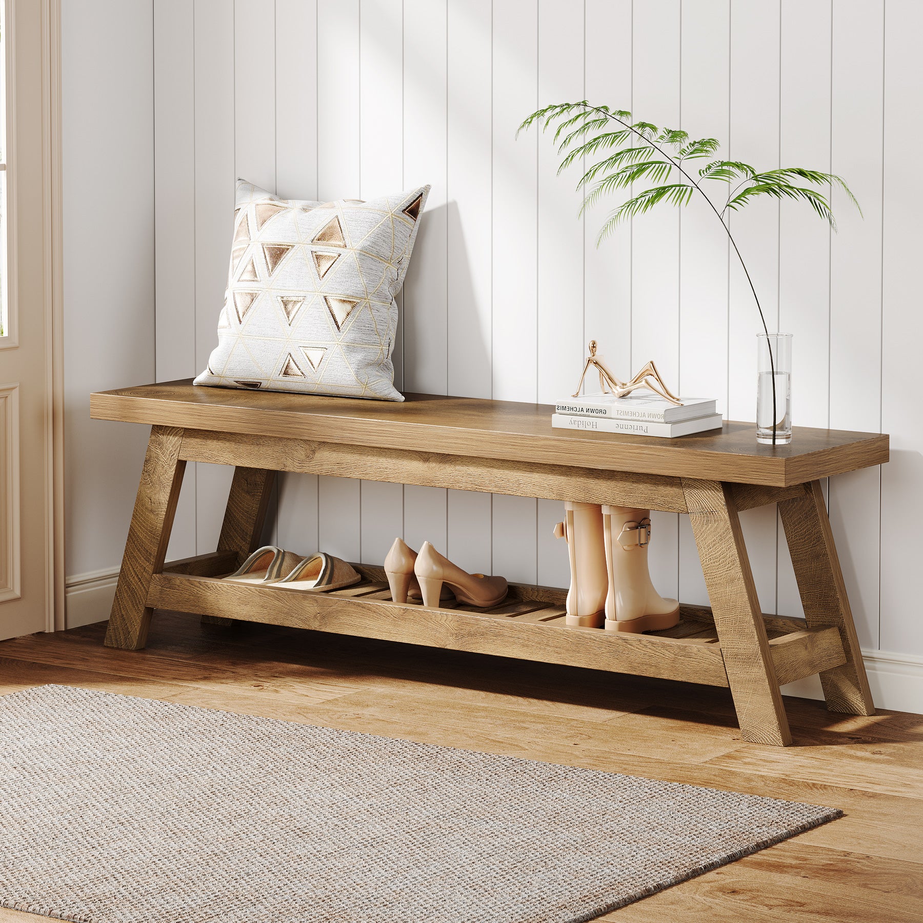 55-Inch Wood Entryway Bench with Shoe Storage, Two-Tier Narrow Hallway Seating Bench for Foyer and Bedroom