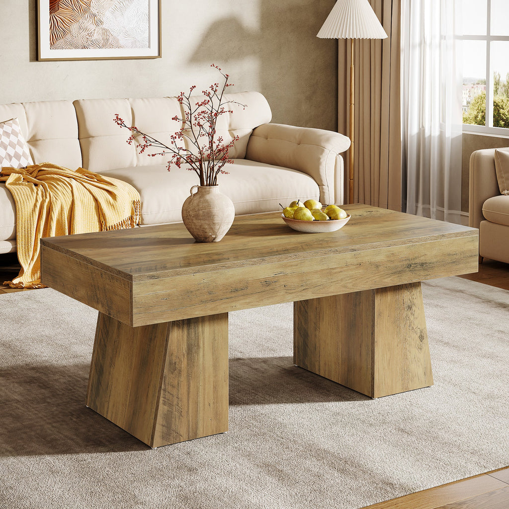 47 Inch Farmhouse Rectangular Coffee Table Wooden Center Table Thick Sculptural Base
