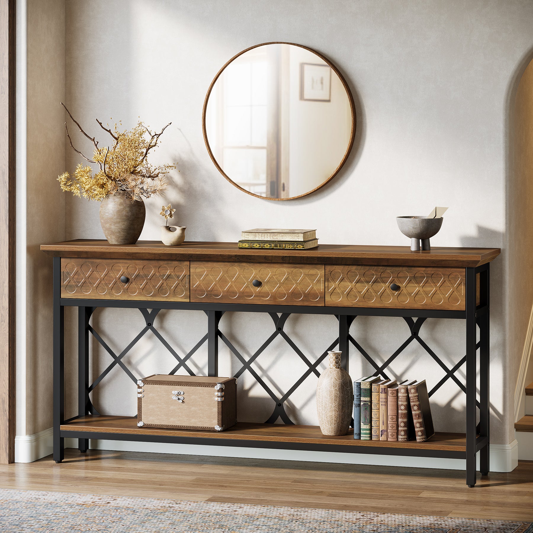 Tribesigns 70.86-Inch Extra Long Console Table with 3 Drawers and Storage Shelf, Industrial Narrow Sofa Table for Living Room Entryway and Hallway