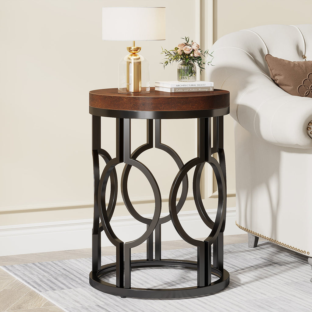 Round End Table Industrial Side Table Metal Hollow Frame