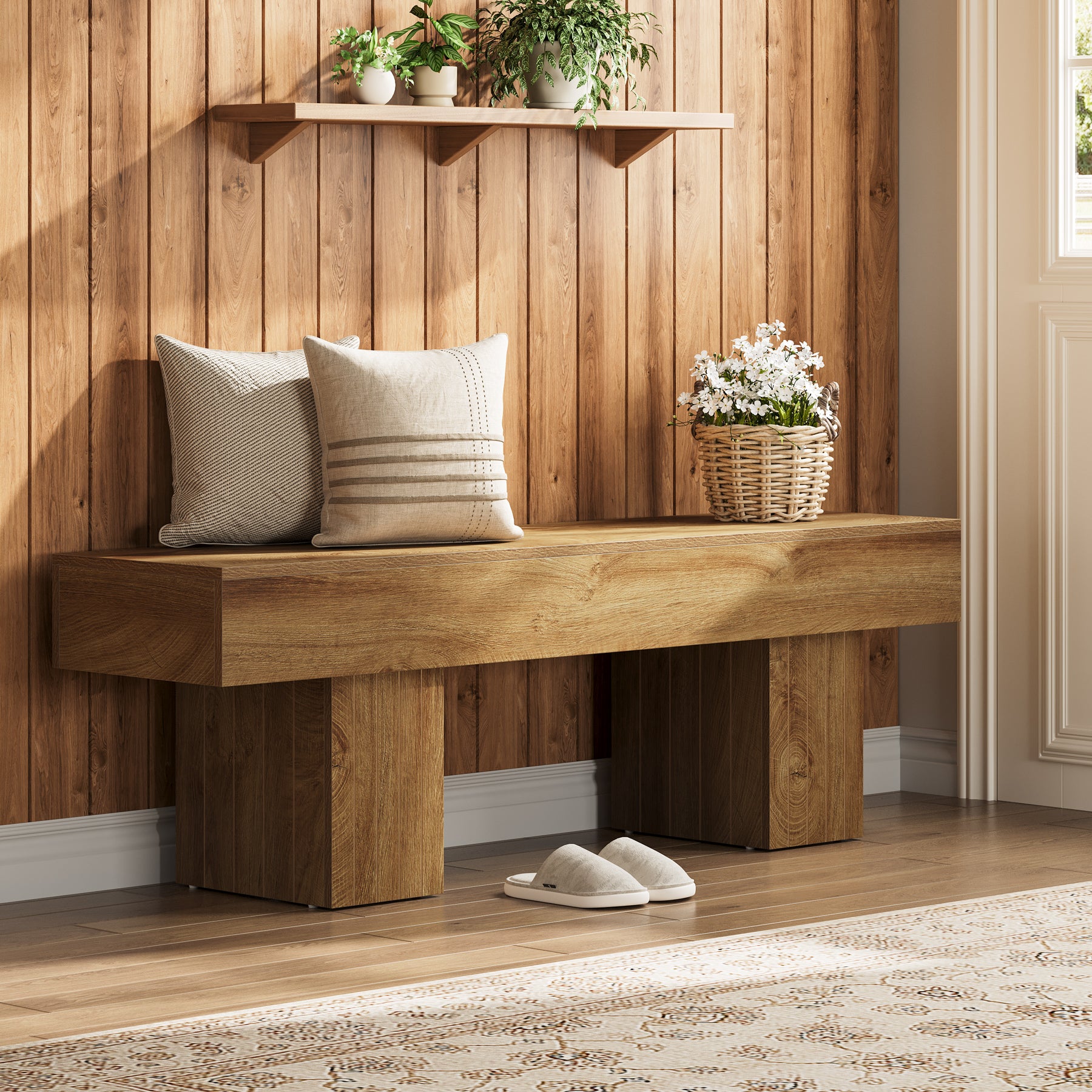 Tribesigns 55-Inch Wooden Entryway Bench with Broad Legs, Farmhouse Indoor Bench with 330 lb Capacity