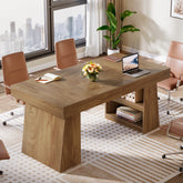 55 Inch Conference Table for 4-6 People, Farmhouse Rectangle Meeting Table with Storage Drawer and Shelves for Office Conference Room 3