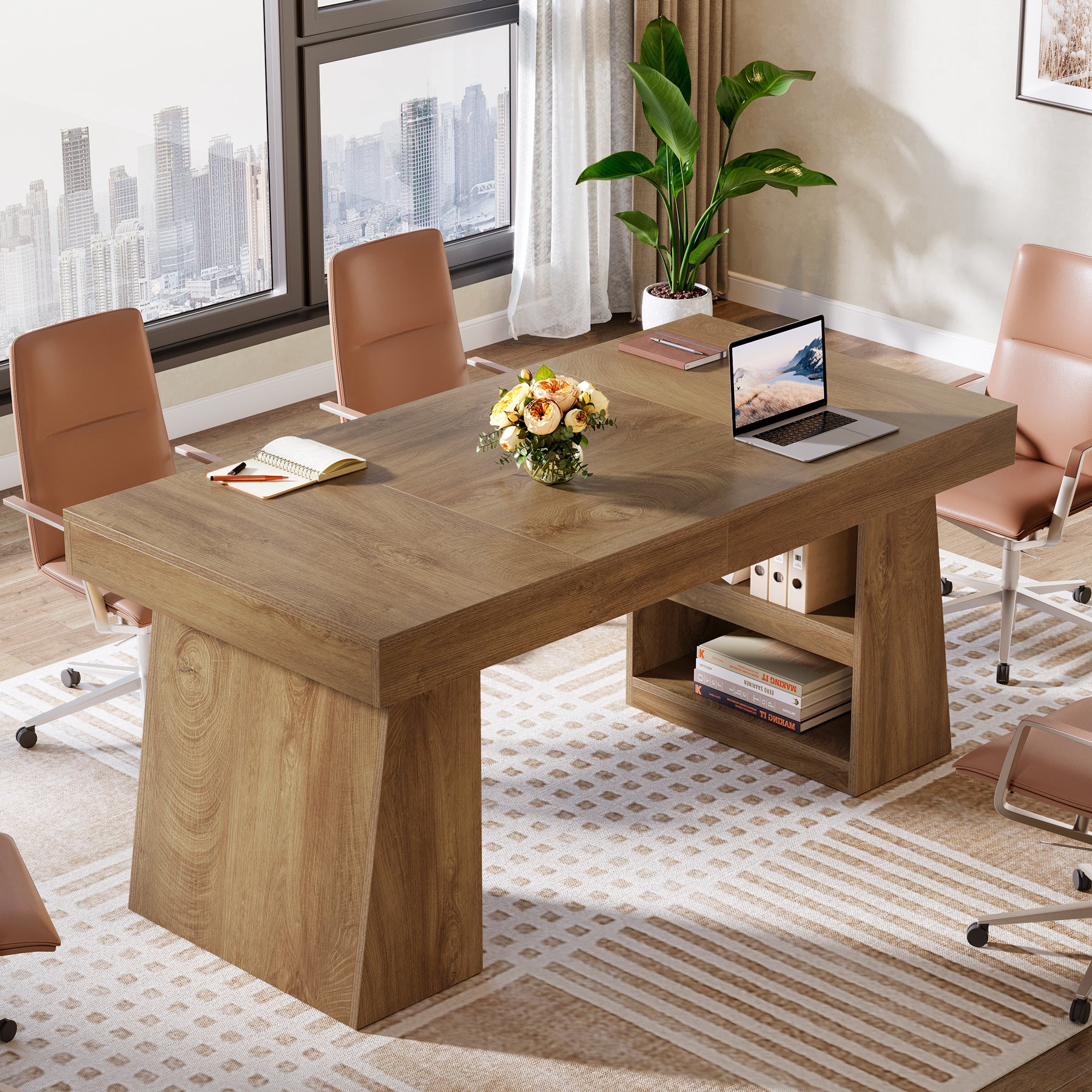 55 Inch Conference Table for 4-6 People, Farmhouse Rectangle Meeting Table with Storage Drawer and Shelves for Office Conference Room