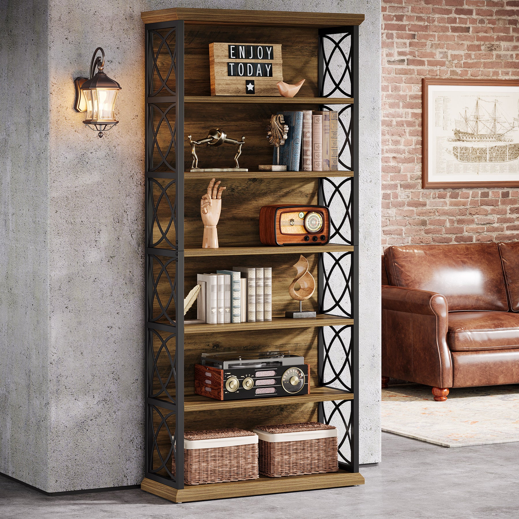 72.83-Inch Industrial Bookshelf with 320 lb Capacity, 6-Tier Wood and Metal Bookcase for Home Office