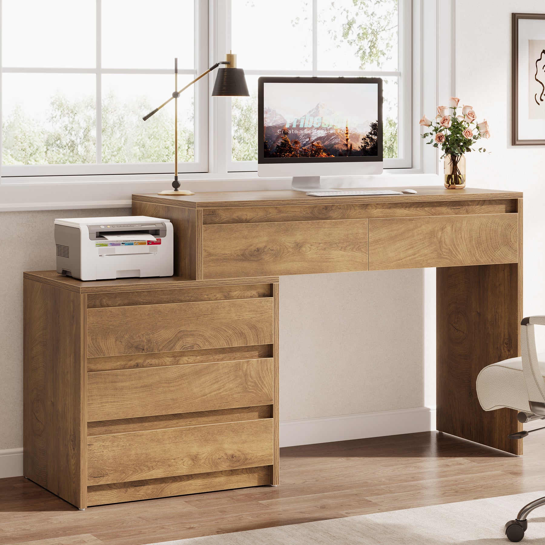 62.99-Inch Computer Desk with 5 Drawers, Industrial Home Office Desk with File Cabinet for Small Spaces