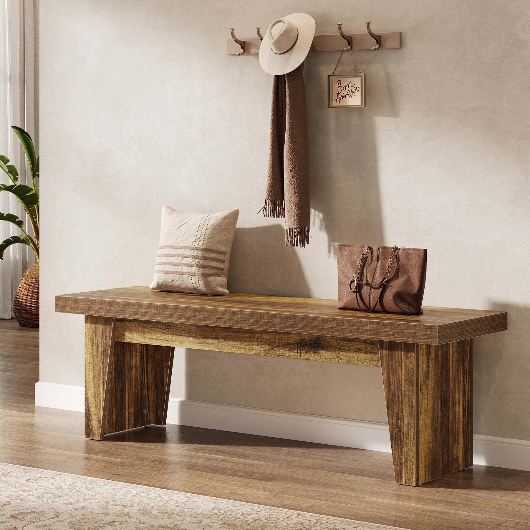 Tribesigns 55.12-Inch Wooden Entryway Bench, Farmhouse Long Bench with Storage Space