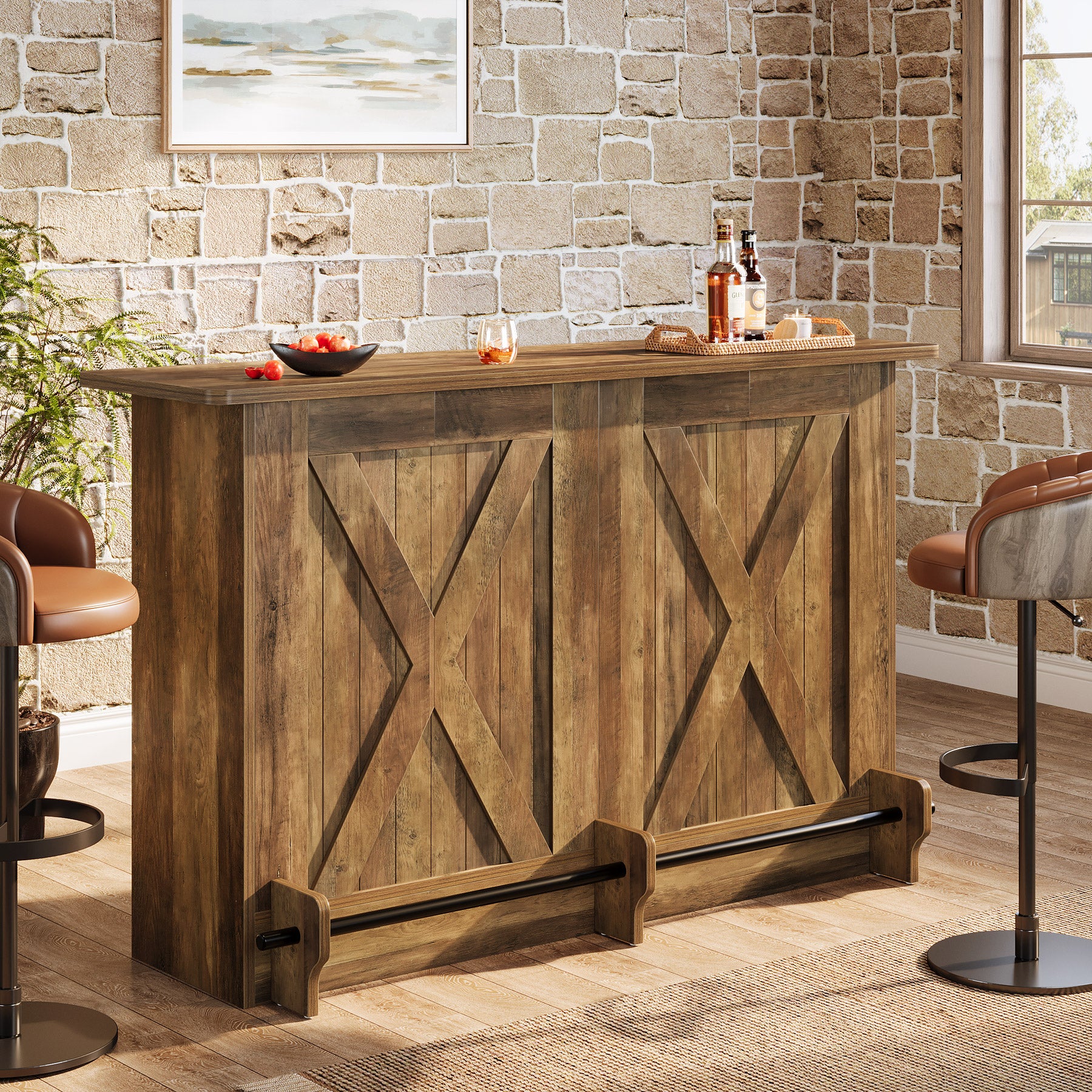 63-Inch Bar Table with 2-Tier Storage Shelves and Metal Footrest for Bistro and Basement Bar