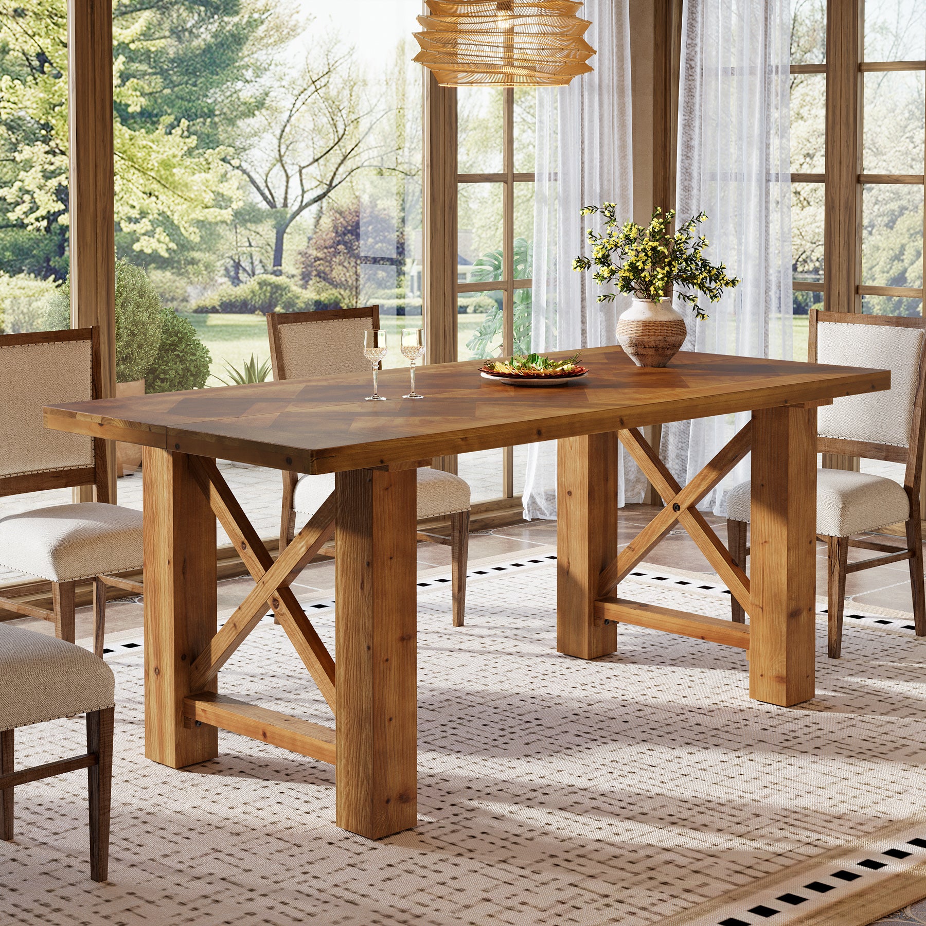 63-Inch Solid Fir Wood Dining Table with Herringbone Top, Farmhouse Table for Dining Room