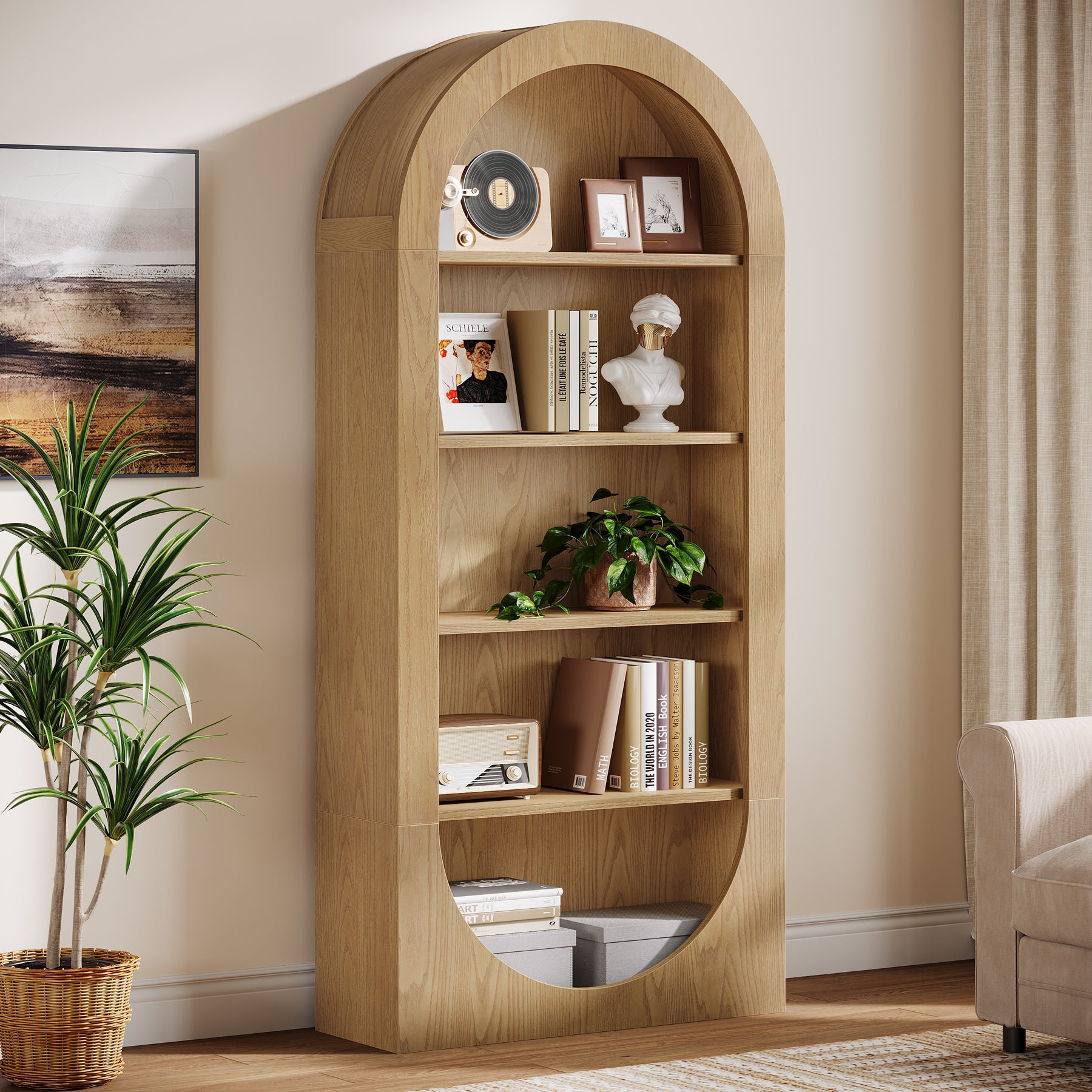71 Inch Tall Bookshelf with 5 Tier Shelves, Arched Bookcase for Living Room Home Office