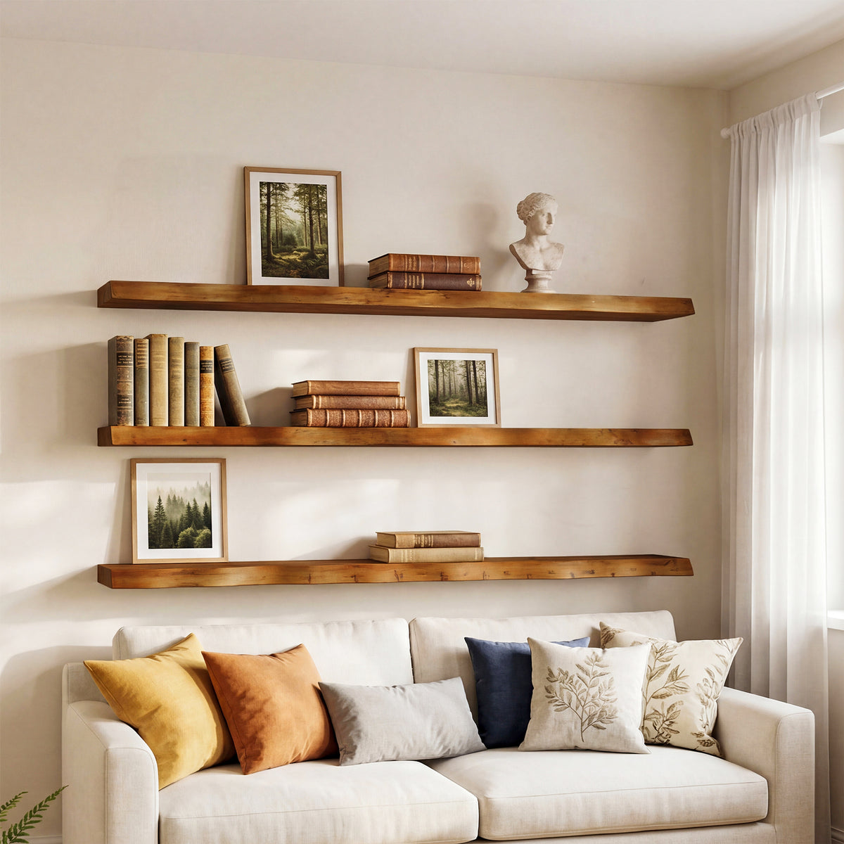 Tribesigns 47.24" Solid Wood Floating Shelves Set of 3 with Live Edge Design, Wall Decor Storage