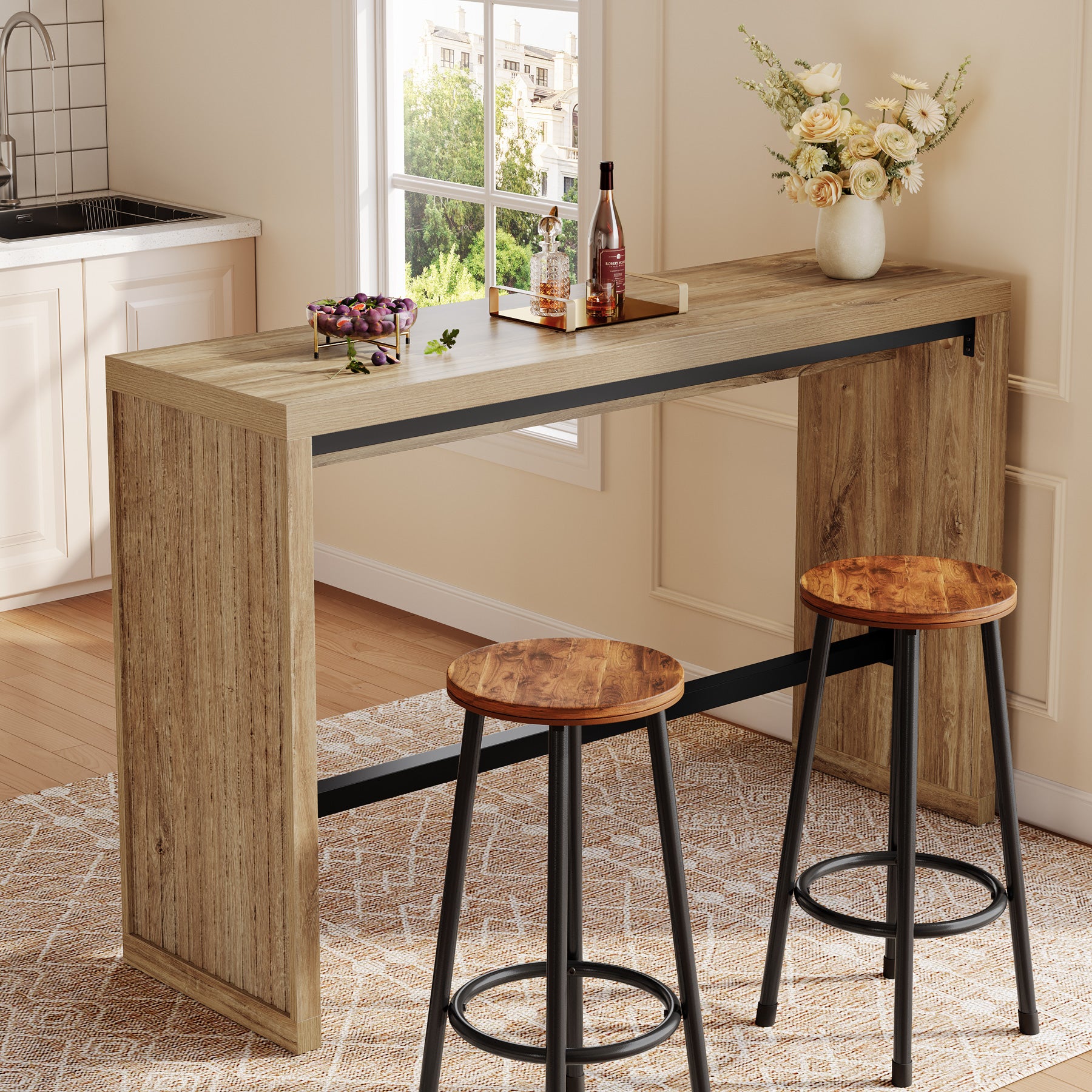 Tribesigns 55-Inch Counter Height Bar Table with Metal Footrest and Fluted Design, Rectangular High Top Pub Table for Home Bar Kitchen and Bistro