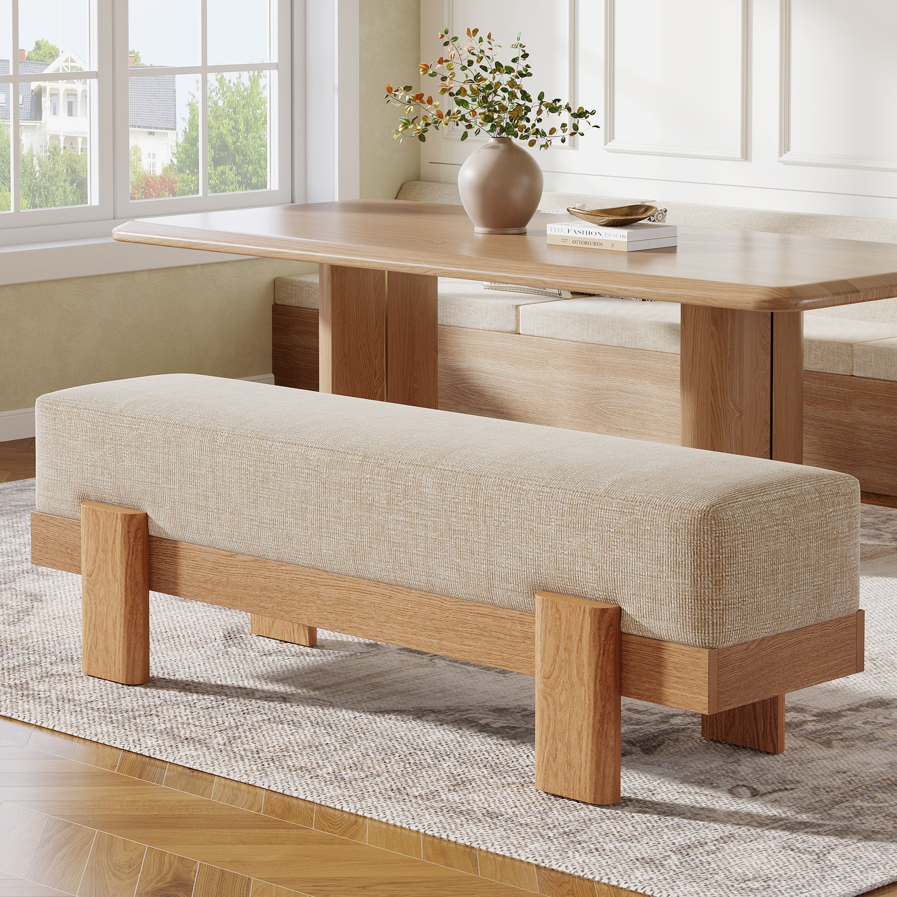 55-Inch Upholstered Dining Bench, Modern Fabric Seat Bench with MDF Frame for Kitchen Dining Room