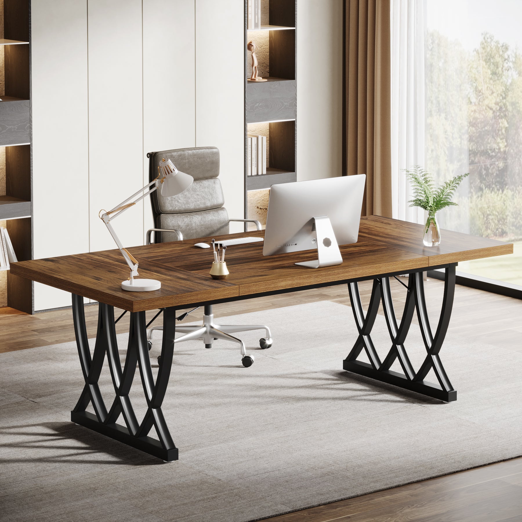 Tribesigns 70.86-Inch Executive Desk, Large Home Office Computer Desk with Trestle Metal Frame for Study and Writing