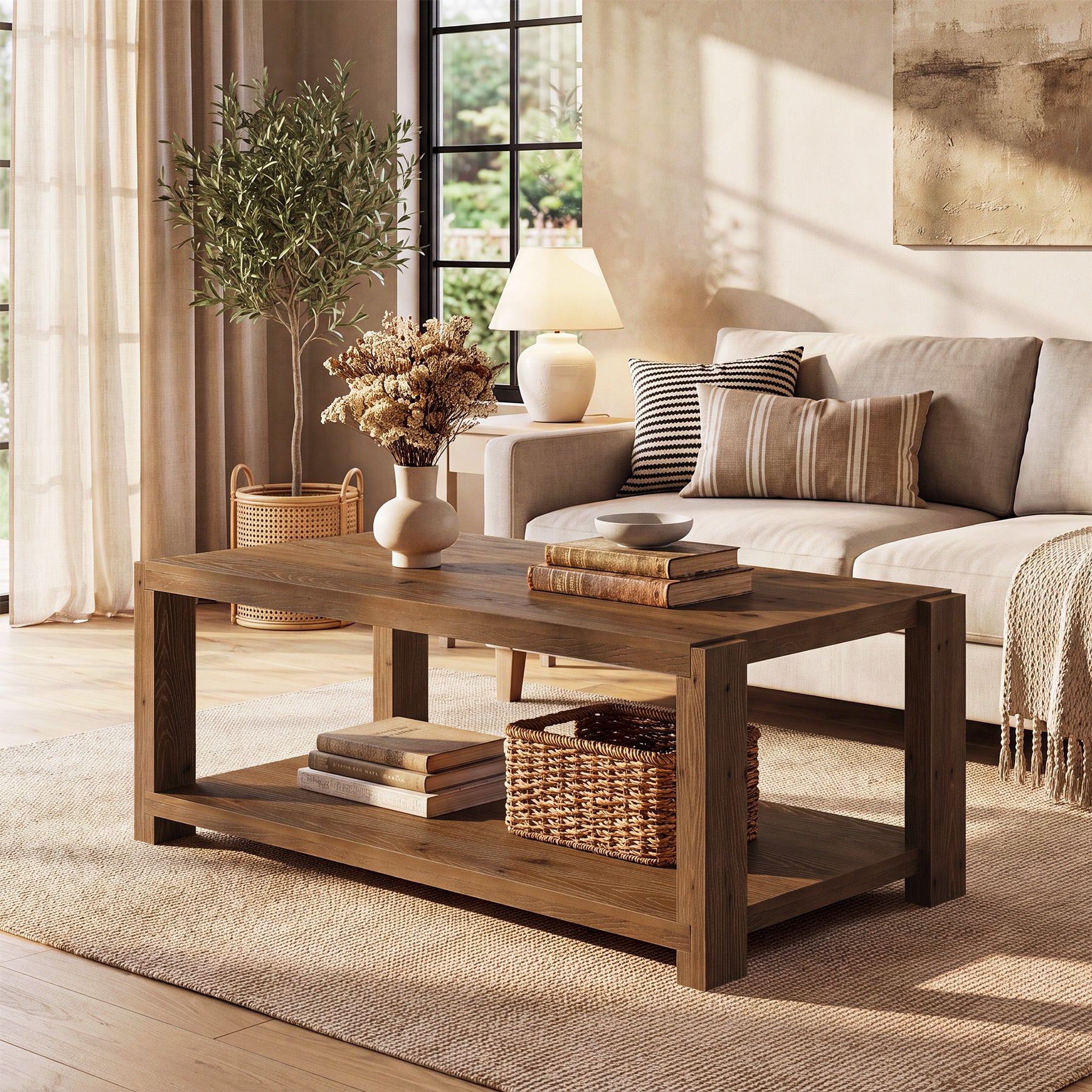 Tribesigns 47-Inch Solid Wood Coffee Table, 2-Tier Farmhouse Cocktail Table with Storage Shelf