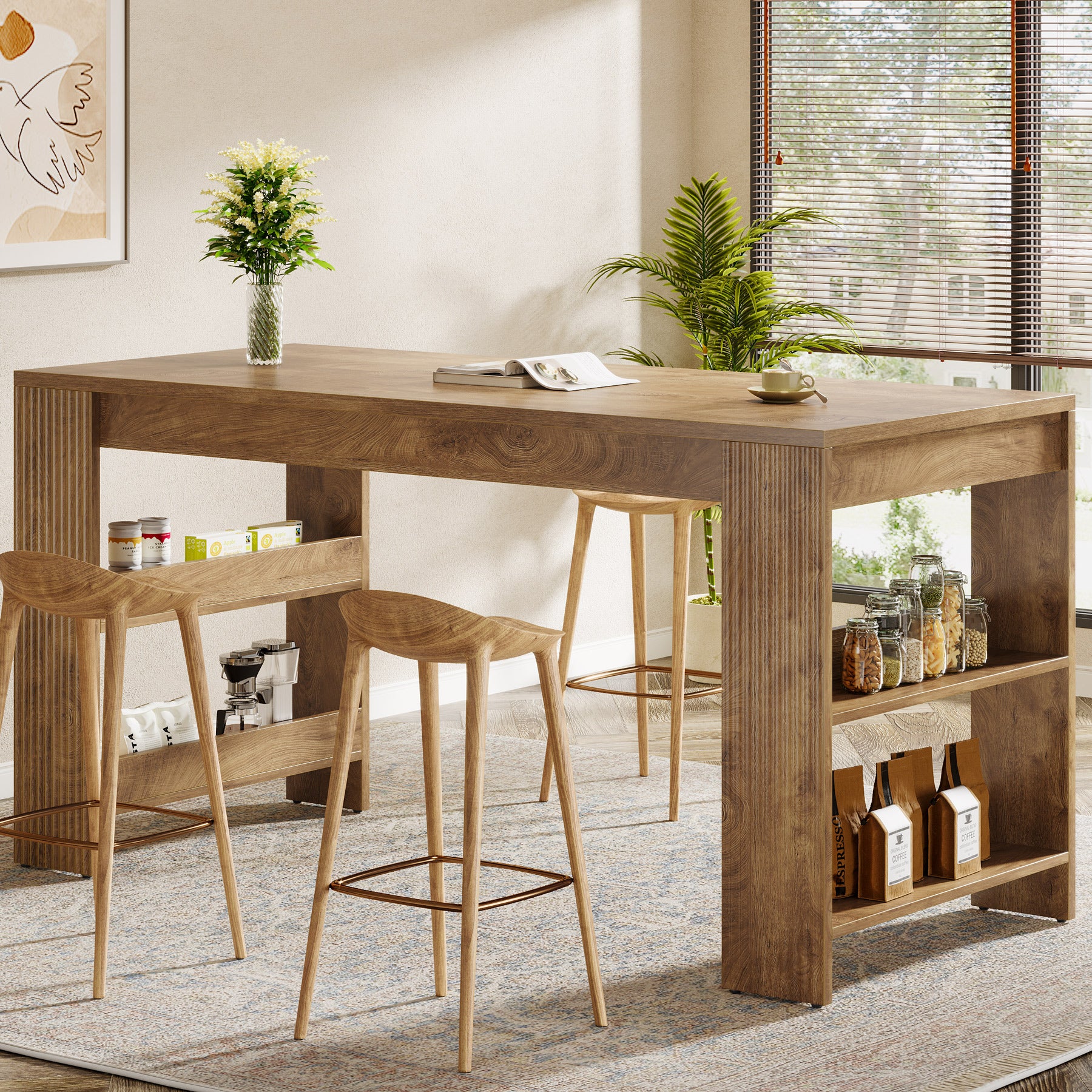 63 Inch Farmhouse Bar Table with Storage Shelves, Counter Height Pub Table for Kitchen