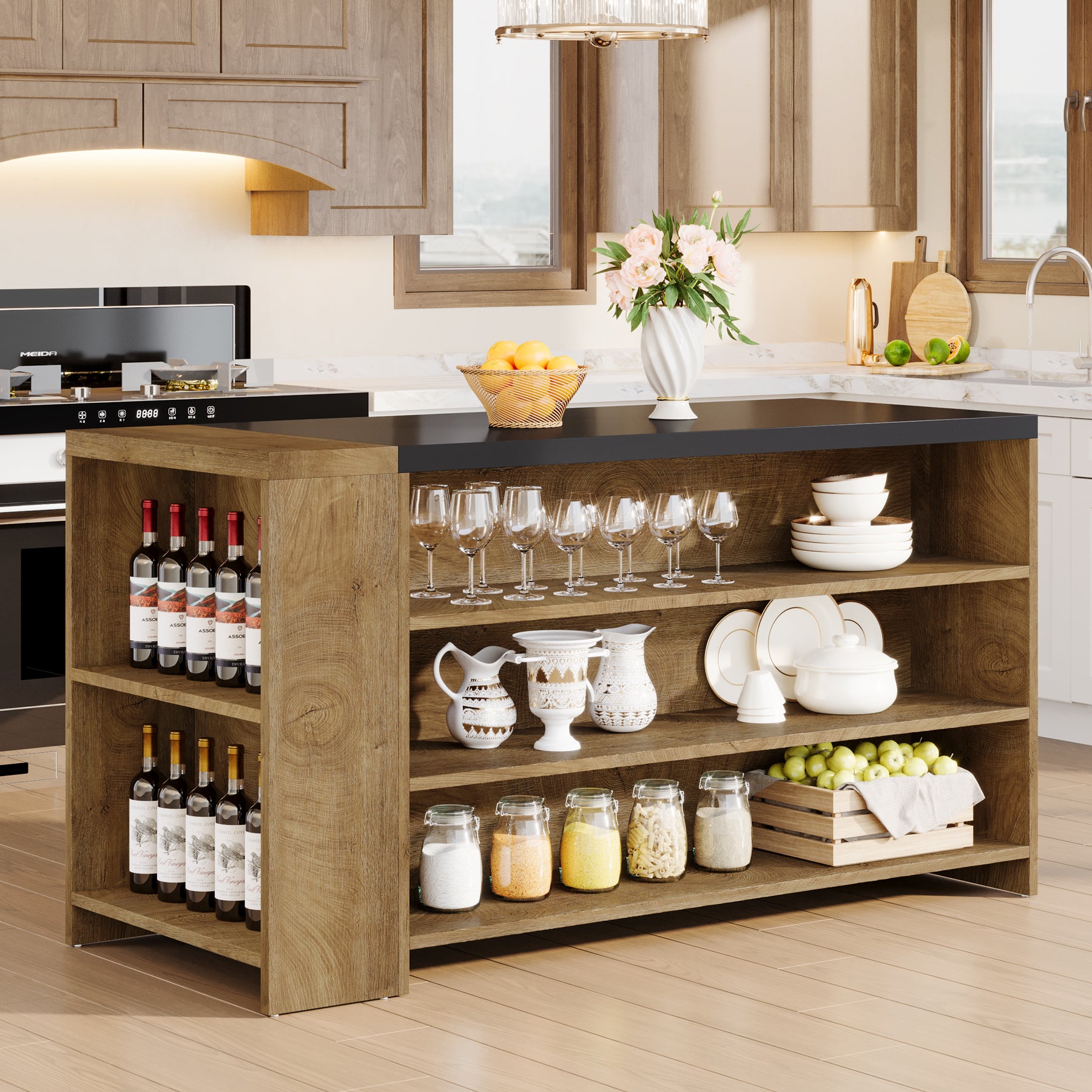 55.12-Inch Kitchen Island with 5-Tier Storage Shelves and Large Countertop, Farmhouse Coffee Bar Table for Kitchen