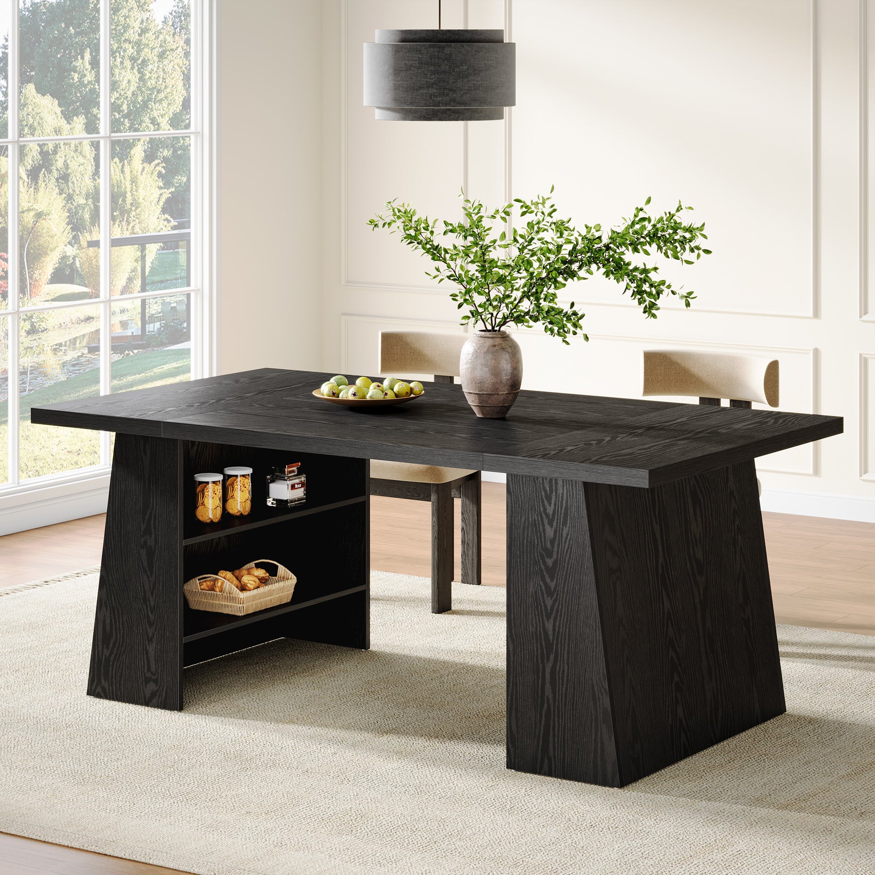 Tribesigns 63-Inch Black Kitchen Table with Double Pedestal Storage, Modern Dining Table for 4-6 People