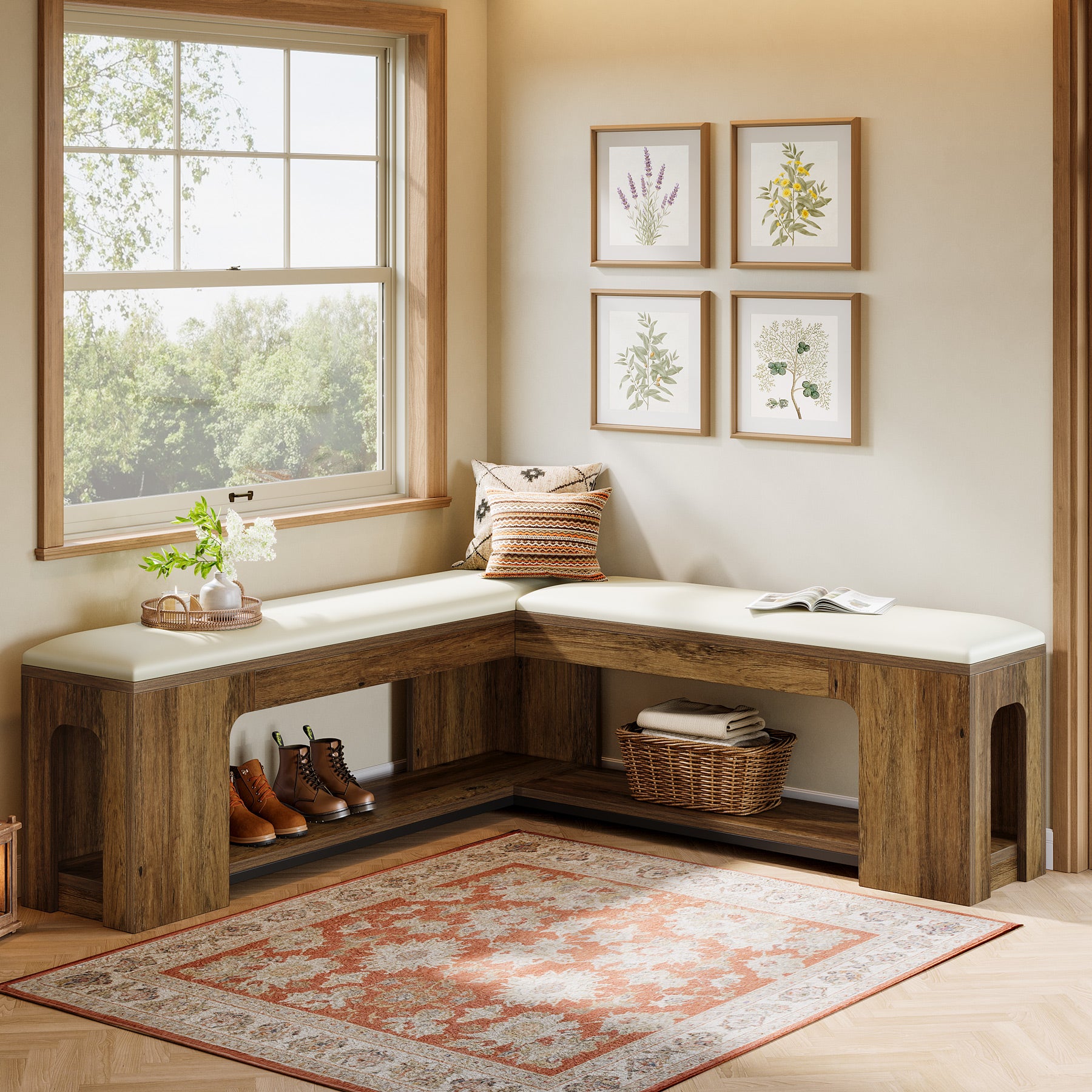 47.24-Inch L Shaped Corner Bench with Removable Seat Cushion and 2-Tier Storage, Farmhouse Breakfast Nook Bench
