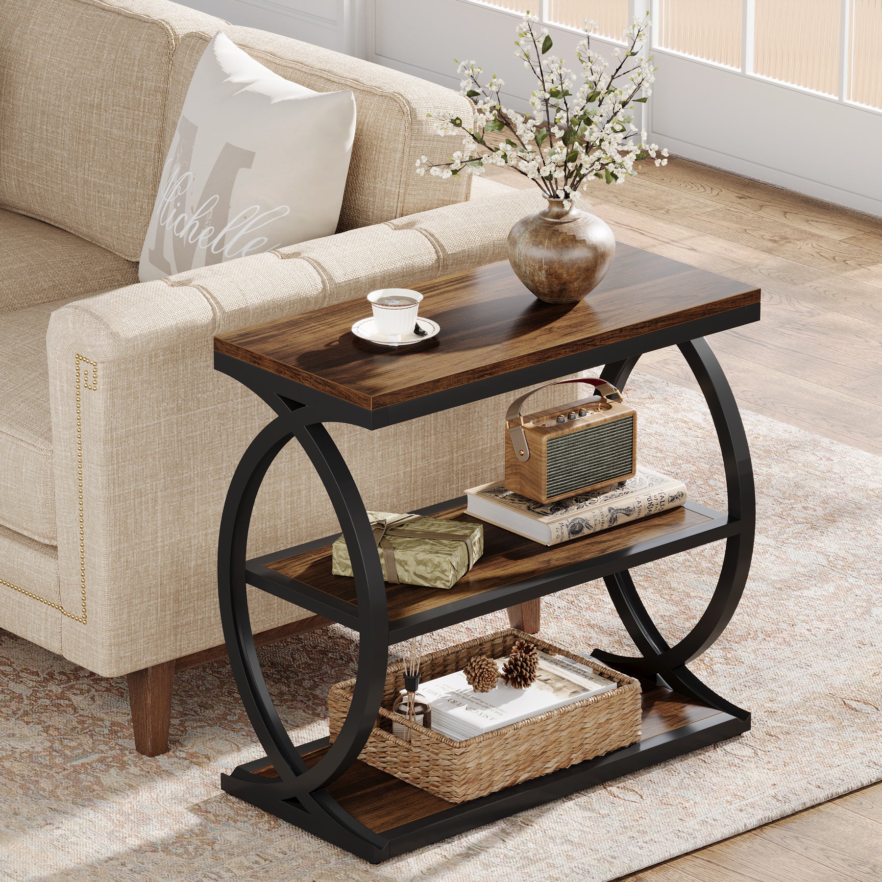 23.62" Rustic Brown Narrow End Table, 3-Tier Industrial Wood & Metal Side Table for Small Space