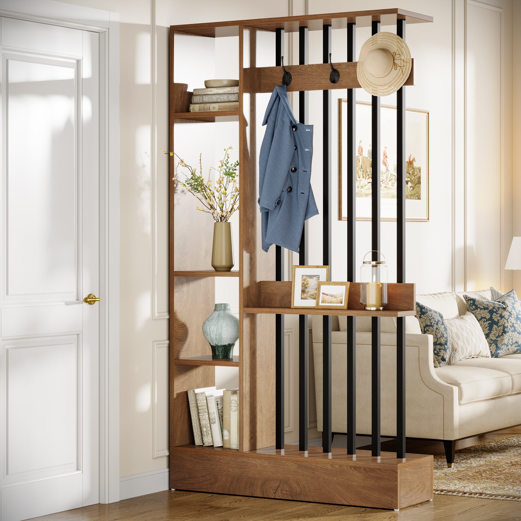 70.9 Inch Room Divider, Freestanding Bookshelf Partition with Shelves and Coat Hooks